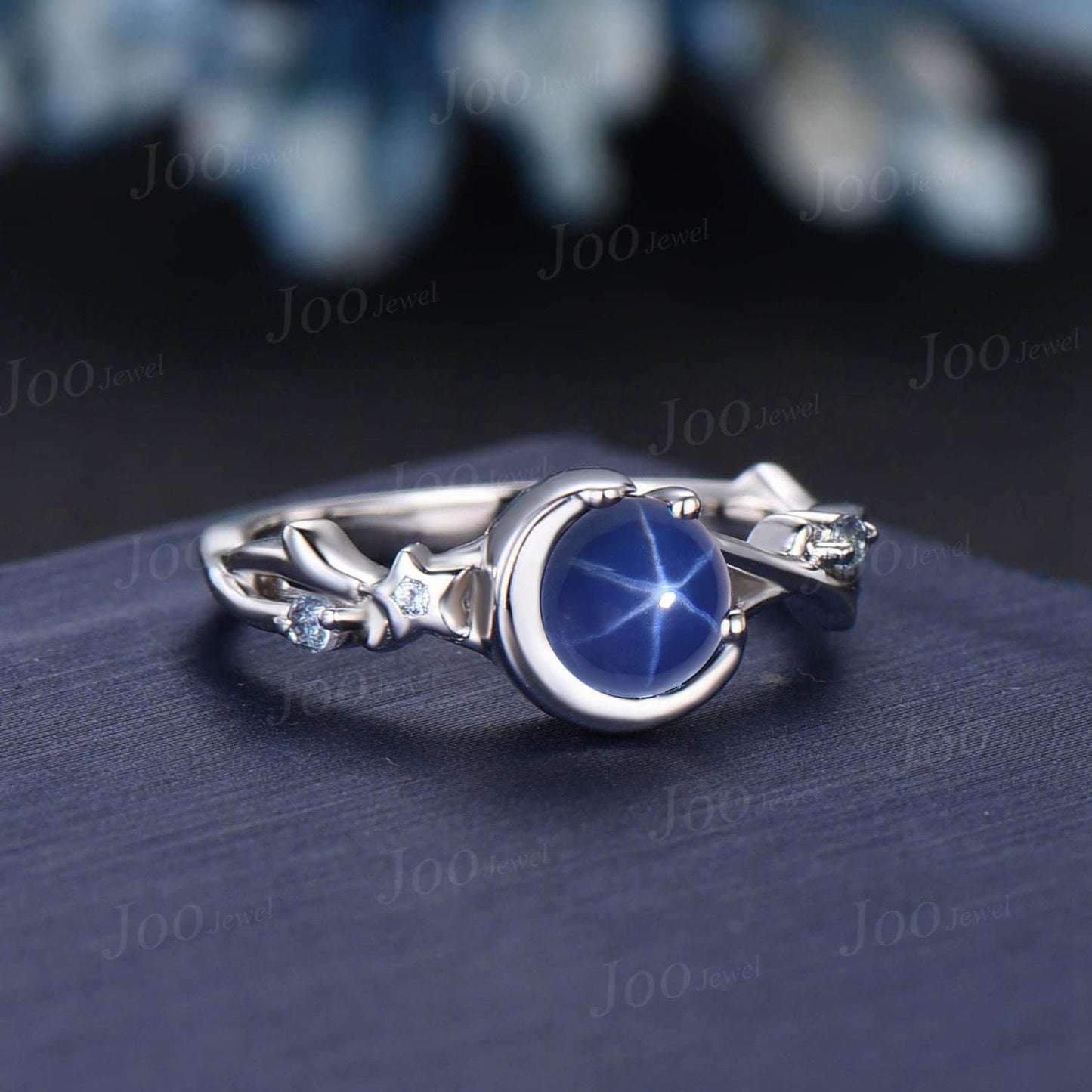 Round Star Sapphire Engagement Ring Moon Star Design Nature Inspired Twig Vine Alexandrite Cluster Ring Unique Promise Ring-Original Artwork