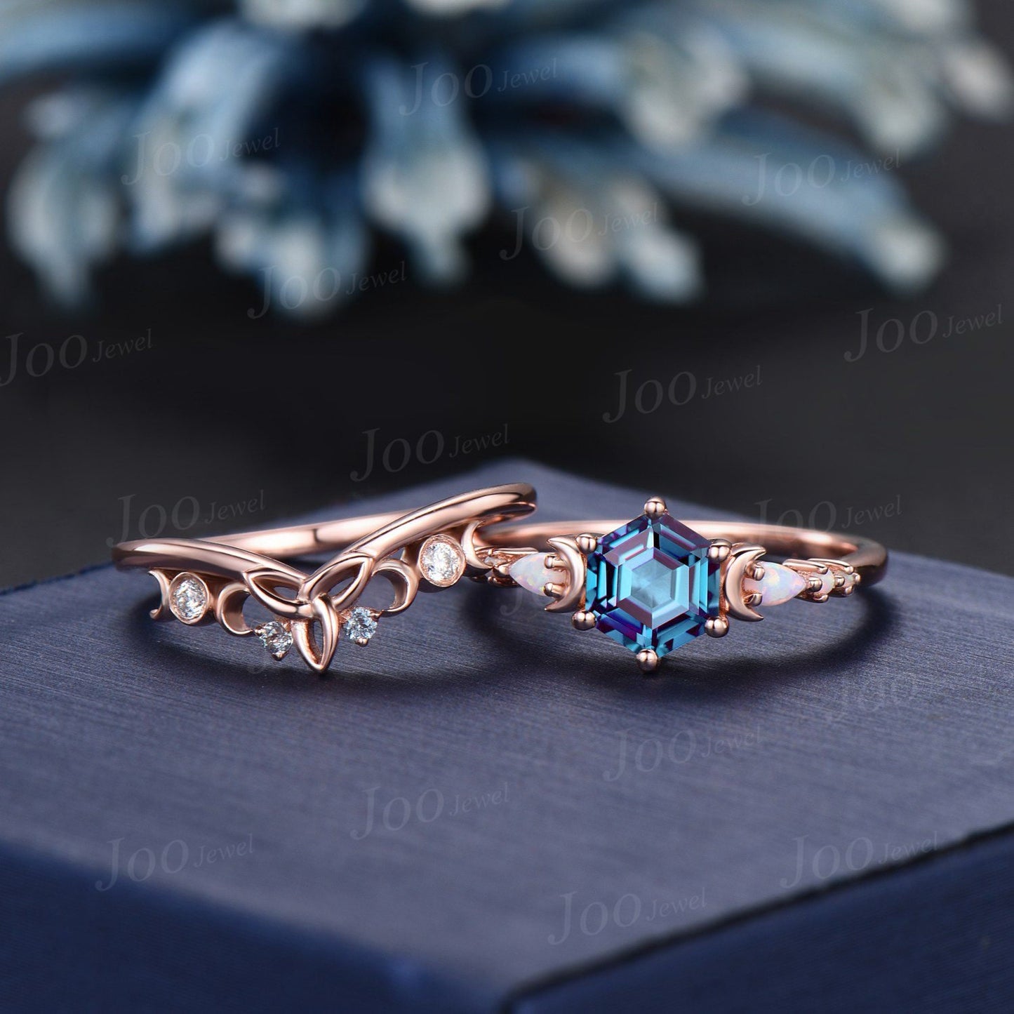 1ct Hexagon Color-Change Alexandrite Opal Engagement Ring Rose Gold Crescent Moon Wedding Ring Trinity Celtic Knot Moissanite Bridal Rings