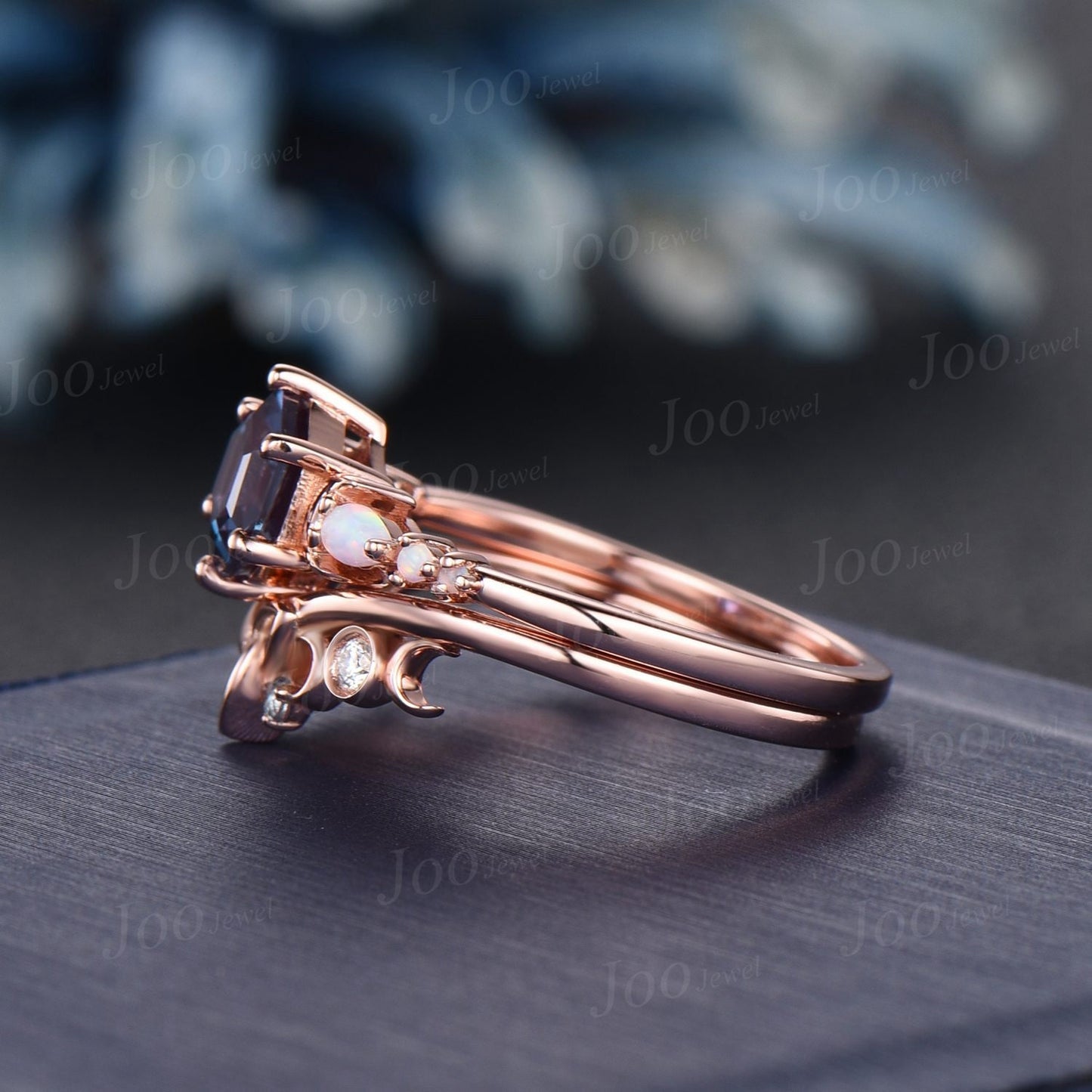 1ct Hexagon Color-Change Alexandrite Opal Engagement Ring Rose Gold Crescent Moon Wedding Ring Trinity Celtic Knot Moissanite Bridal Rings