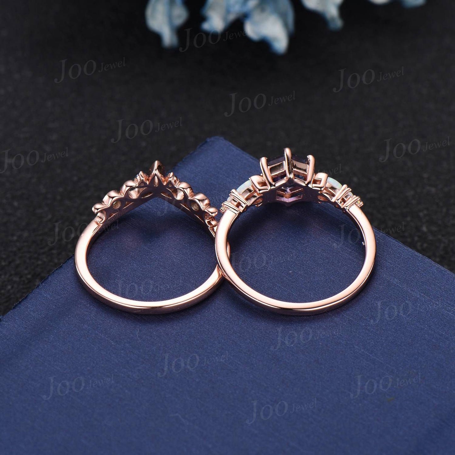 1ct Hexagon Color-Change Alexandrite Opal Engagement Ring Rose Gold Crescent Moon Wedding Ring Trinity Celtic Knot Moissanite Bridal Rings