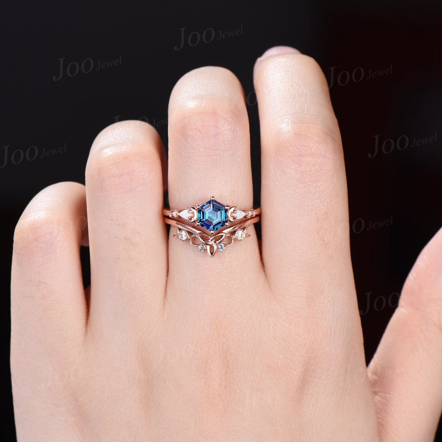 1ct Hexagon Color-Change Alexandrite Opal Engagement Ring Rose Gold Crescent Moon Wedding Ring Trinity Celtic Knot Moissanite Bridal Rings