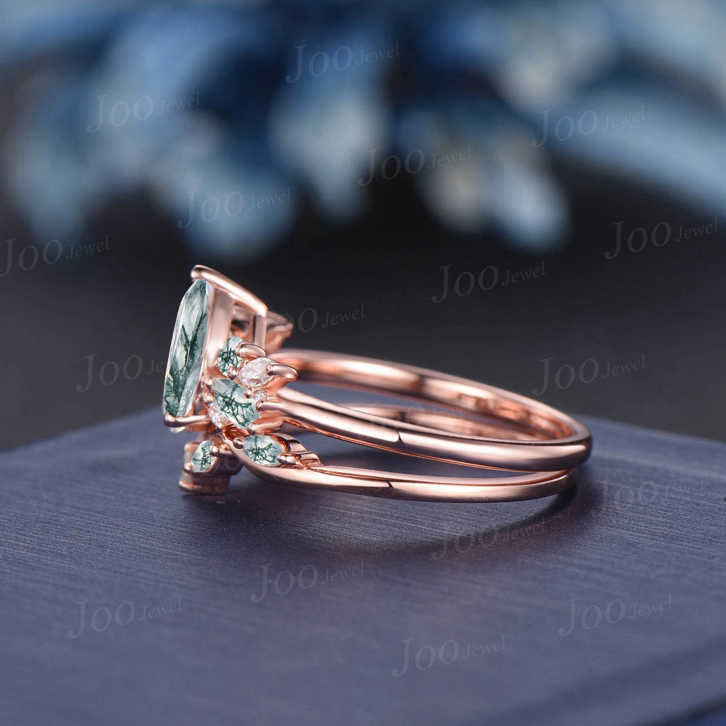 1.25ct Pear Shaped Natural Moss Agate Cluster Engagement Ring Set 10K/14K/18K Rose Gold Branch Wedding Ring Moissanite Moss Agate Bridal Set