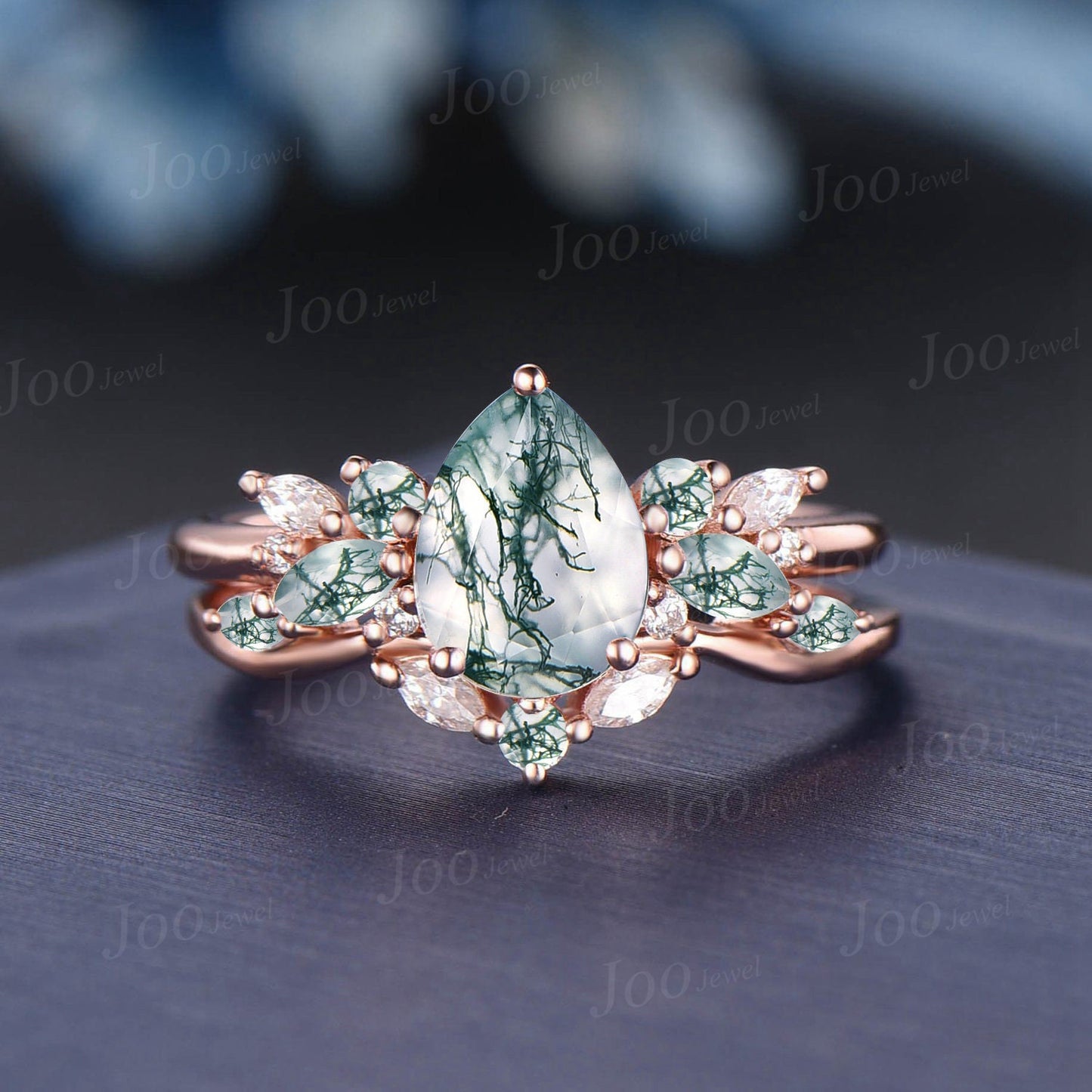 1.25ct Pear Shaped Natural Moss Agate Cluster Engagement Ring Set 10K/14K/18K Rose Gold Branch Wedding Ring Moissanite Moss Agate Bridal Set