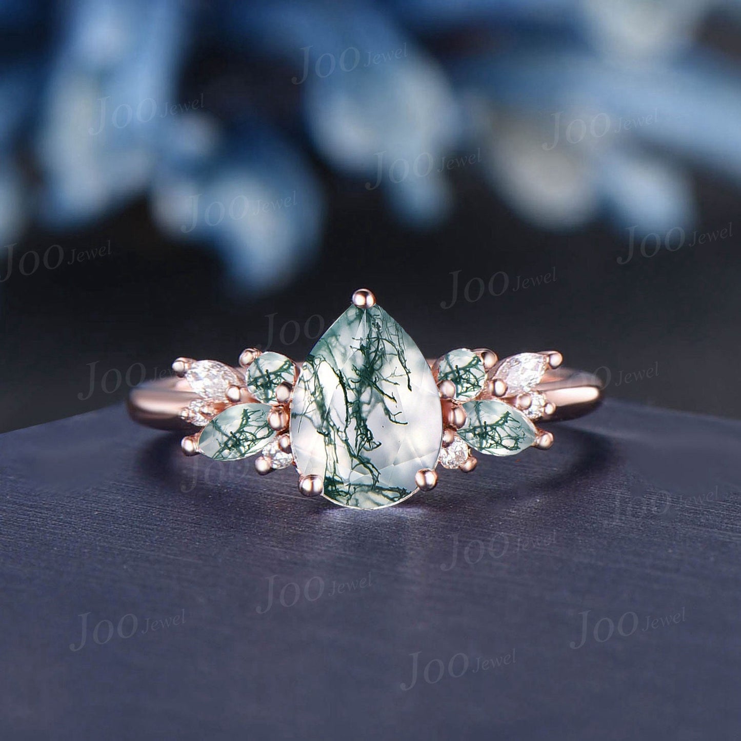 1.25ct Pear Shaped Natural Moss Agate Cluster Engagement Ring Set 10K/14K/18K Rose Gold Branch Wedding Ring Moissanite Moss Agate Bridal Set
