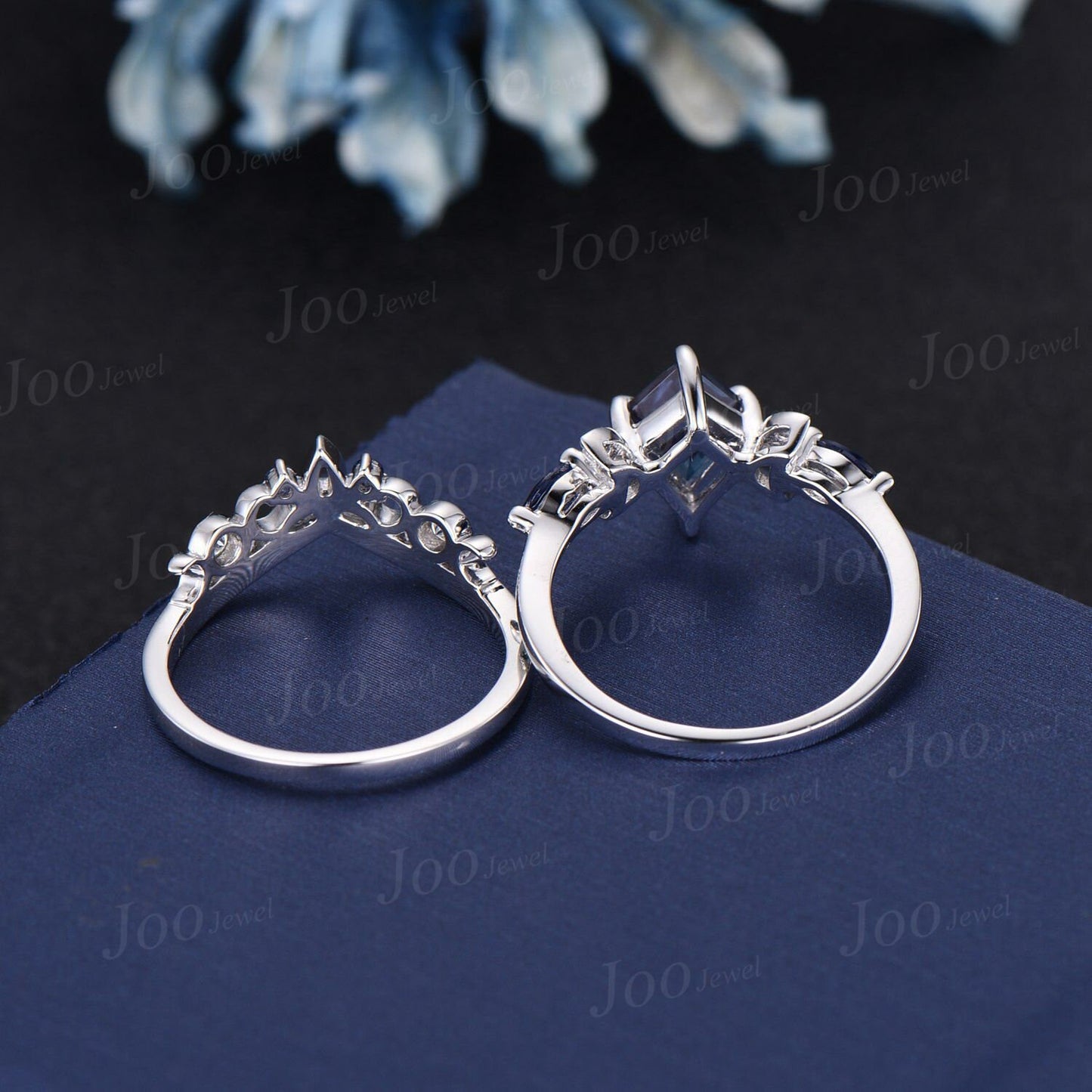 Kite Color-Change Alexandrite Engagement Ring White Gold Crescent Moon Wedding Ring Trinity Celtic Knot Blue Sapphire Moissanite Bridal Ring