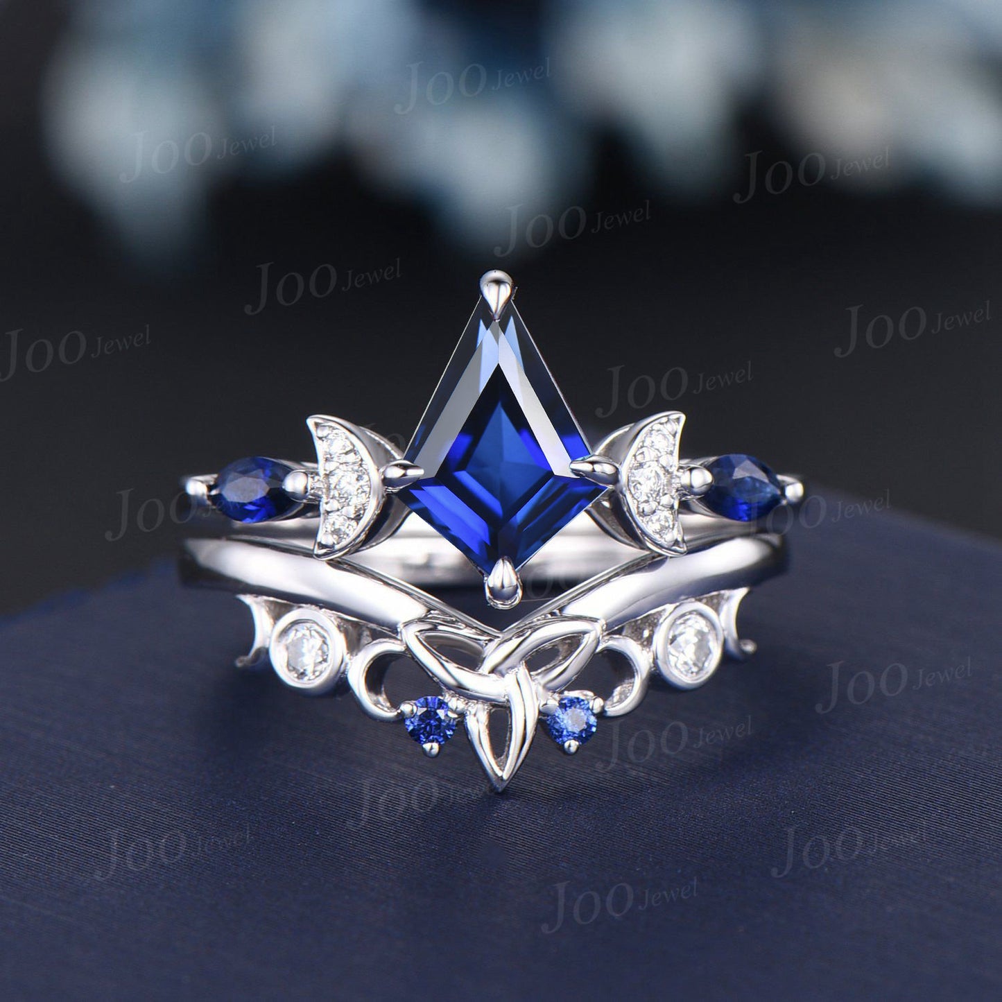 Kite Blue Sapphire Engagement Ring Set White Gold September Birthstone Wedding Ring Trinity Celtic Knot Blue Sapphire Moissanite Bridal Ring