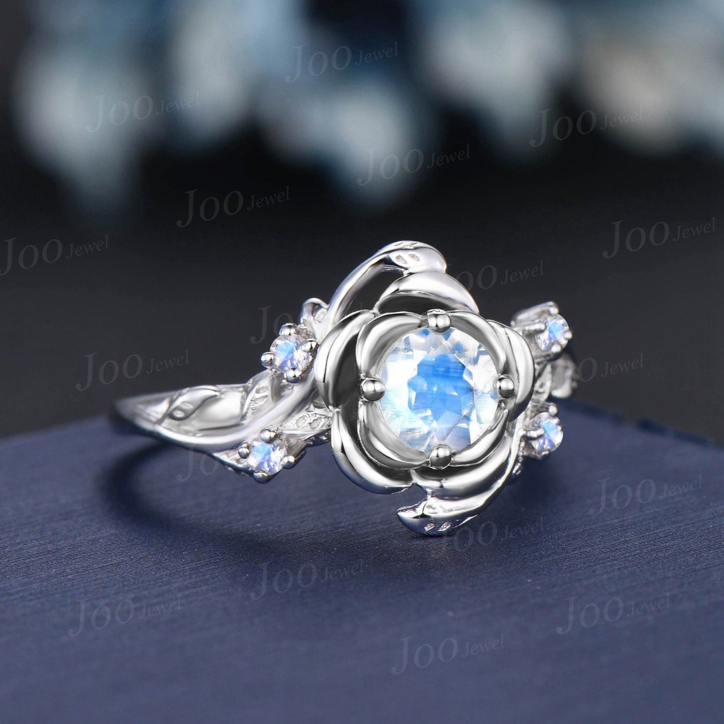 Rose Flower Engagement Ring 5mm Round Natural Rainbow Moonstone Wedding Ring Nature Inspired Leaf Floral Moonstone Ring June Birthstone Gift