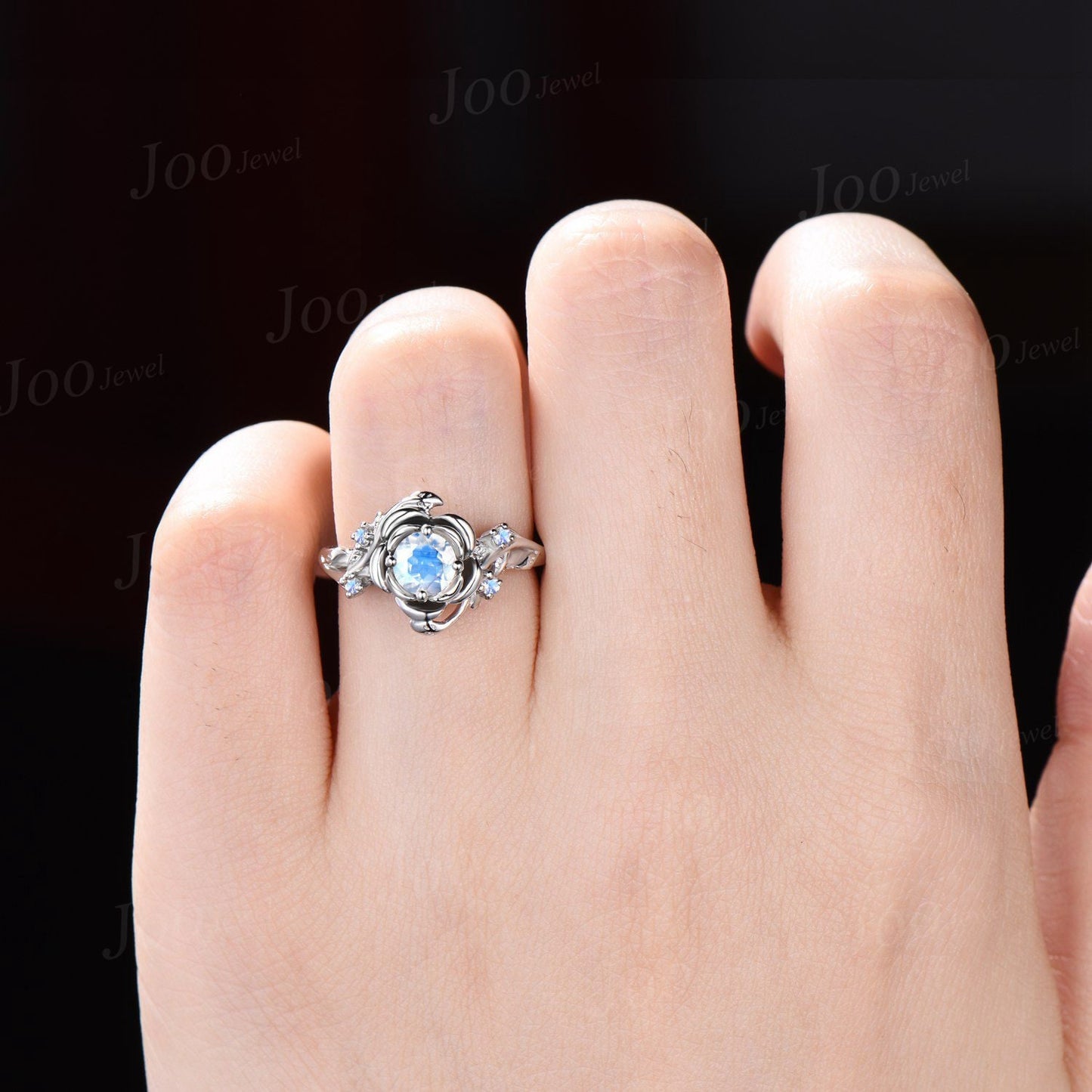 Rose Flower Engagement Ring 5mm Round Natural Rainbow Moonstone Wedding Ring Nature Inspired Leaf Floral Moonstone Ring June Birthstone Gift