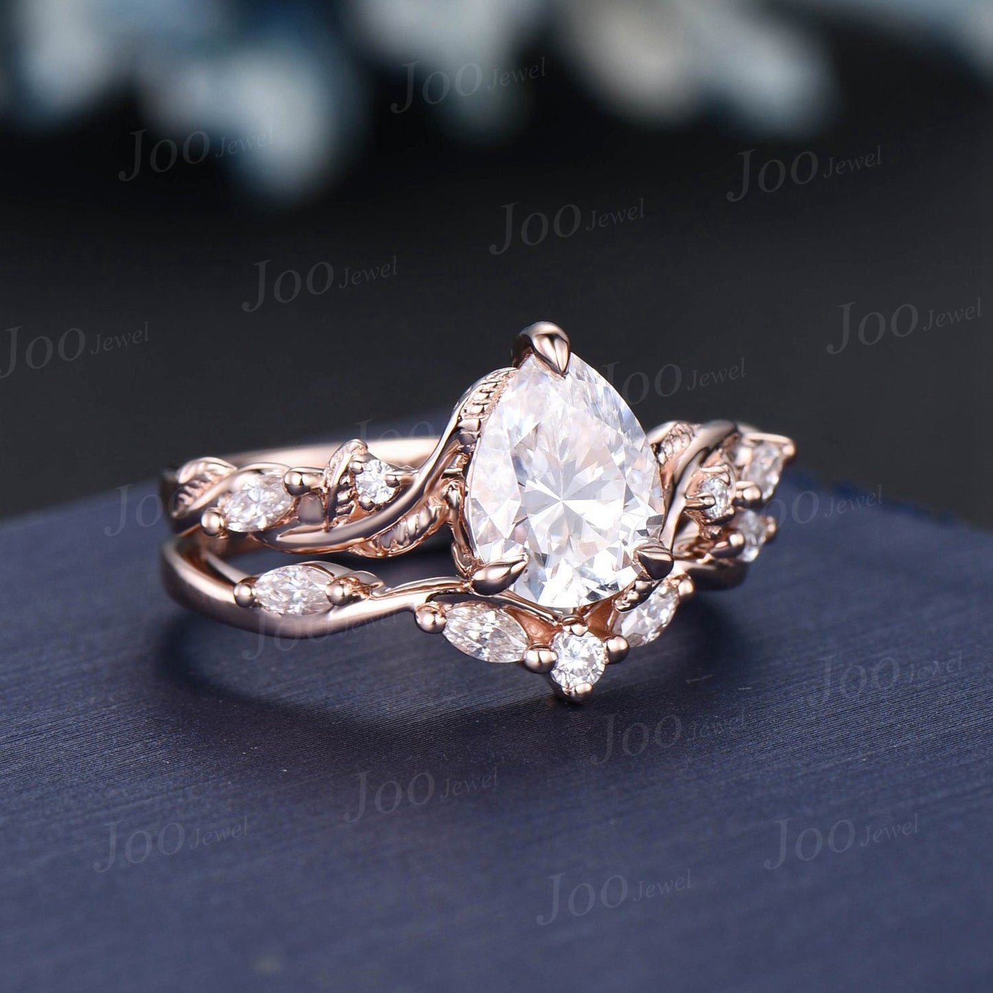 Nature Inspired Moissanite Engagement Ring Set Twist Band 1.25ct Pear Moissanite Diamond Wedding Ring Set Leaf Vine Ring Branch Bridal Set