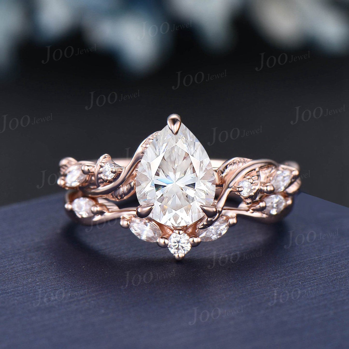 Nature Inspired Moissanite Engagement Ring Set Twist Band 1.25ct Pear Moissanite Diamond Wedding Ring Set Leaf Vine Ring Branch Bridal Set