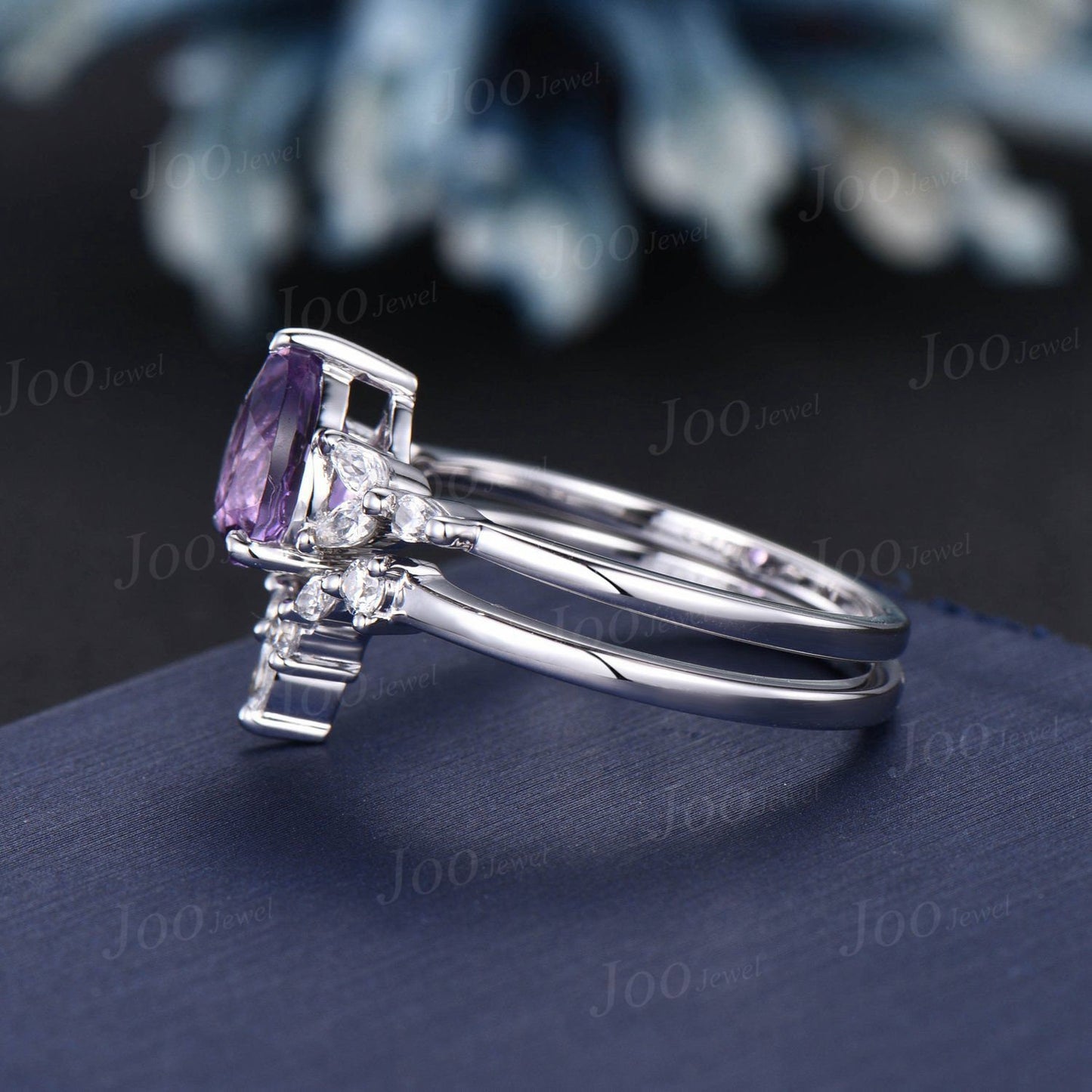1.25ct Pear Shaped Natural Amethyst Ring Set Silver Platinum Purple Crystal Amethyst Wedding Bridal Ring February Birthstone Jewelry Gifts