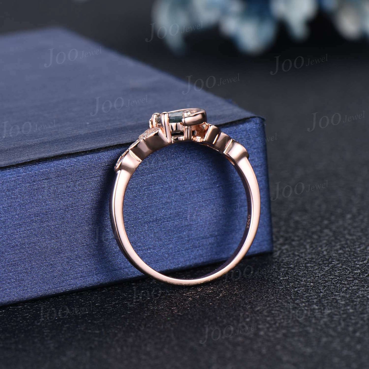 5mm Round Natural Green Moss Agate Celestial Moon Wedding Ring Celtic Knot Trinity Band 10K Rose Gold Moissanite Aquatic Agate Bridal Ring