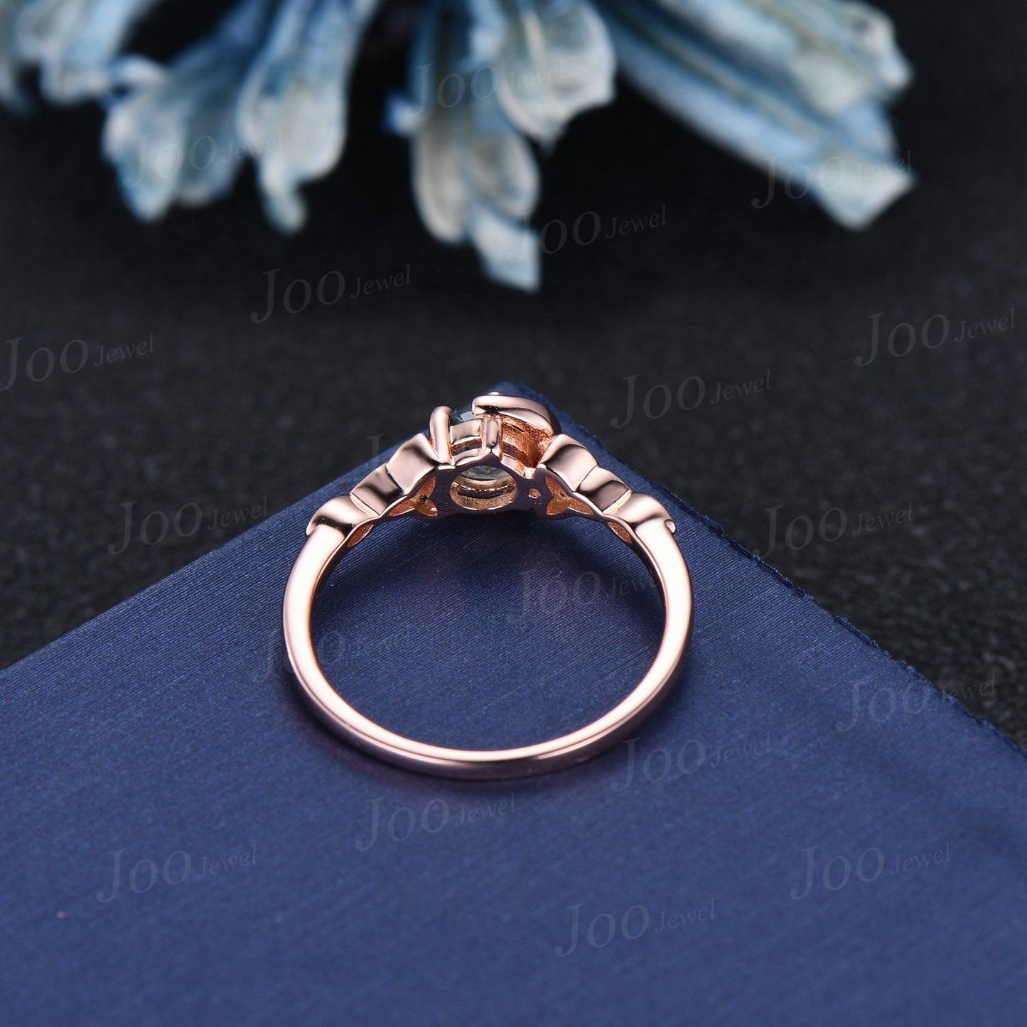 5mm Round Natural Green Moss Agate Celestial Moon Wedding Ring Celtic Knot Trinity Band 10K Rose Gold Moissanite Aquatic Agate Bridal Ring