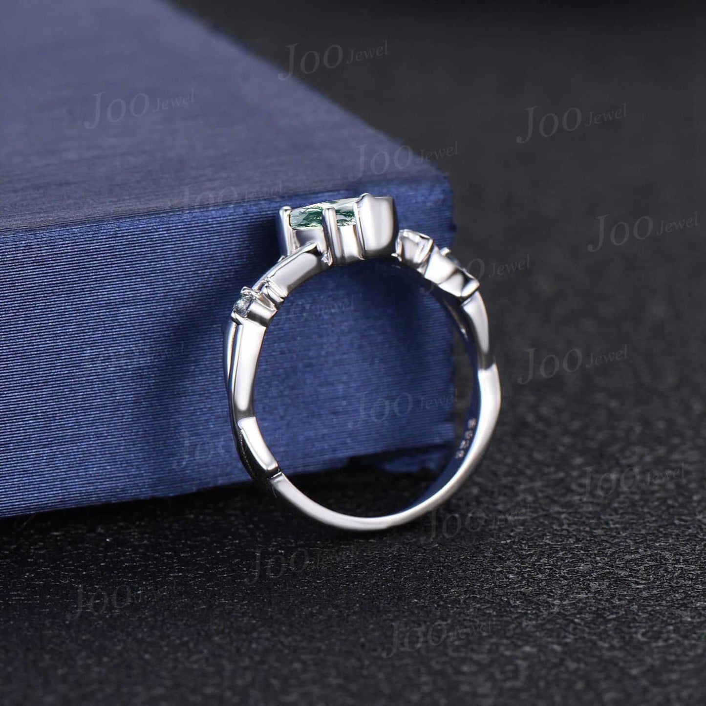 Nature Inspired Natural Moss Agate Ring Moon Star Design Vintage Round Moss Agate Twig Vine Engagement Ring Cluster Alexandrite Promise Ring