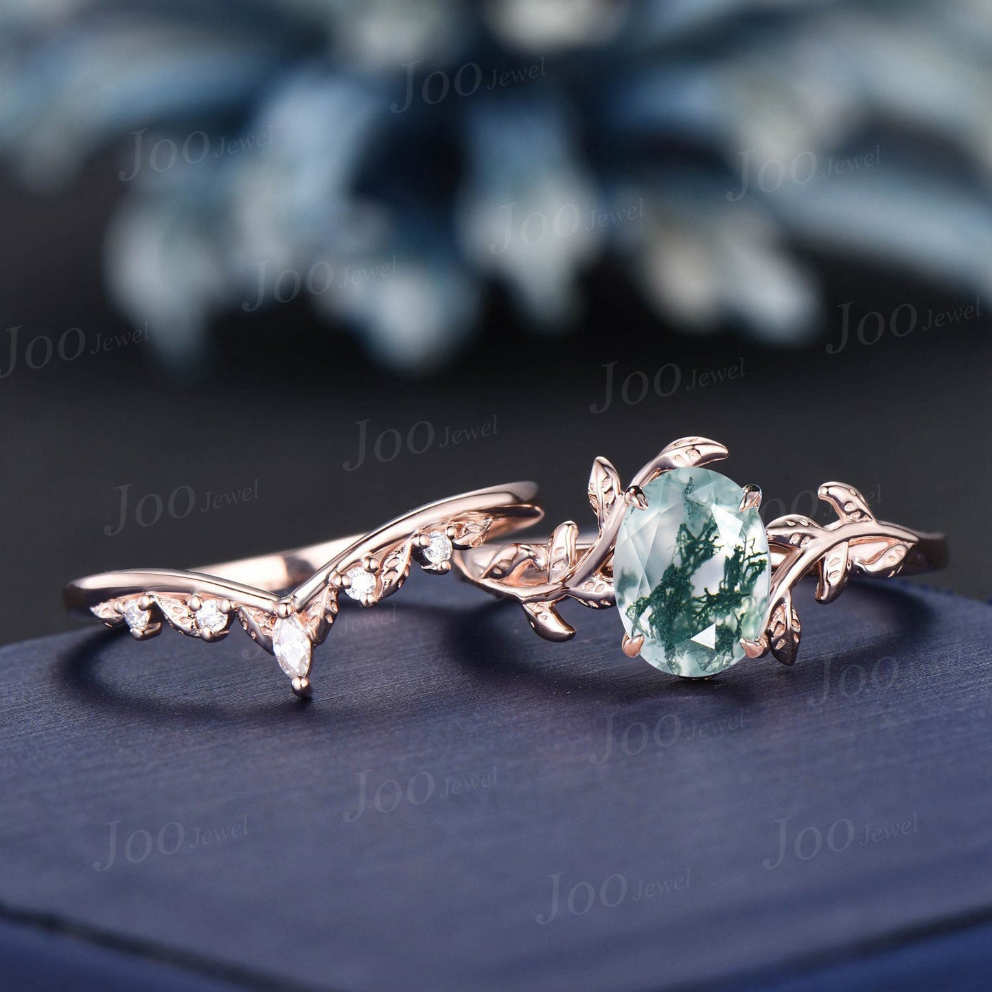 1.5ct Oval Cut Natural Moss Agate Wedding Ring Set Nature Inspired Branch Aquatic Agate Solitaire Ring Leaf Moissanite Ring Anniversary Gift