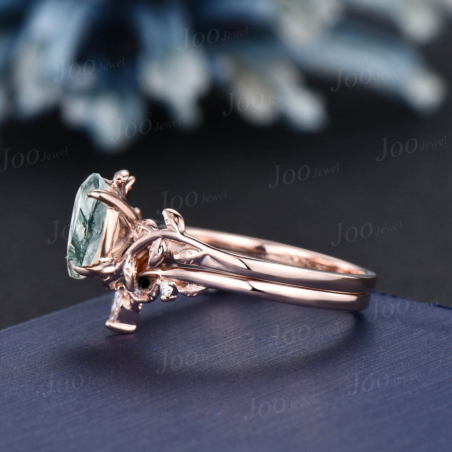 1.5ct Oval Cut Natural Moss Agate Wedding Ring Set Nature Inspired Branch Aquatic Agate Solitaire Ring Leaf Moissanite Ring Anniversary Gift