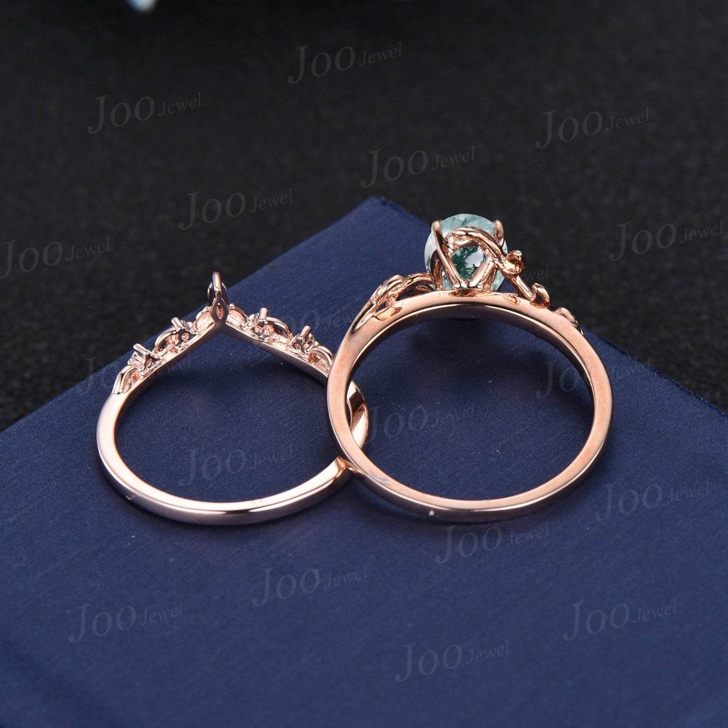 1.5ct Oval Cut Natural Moss Agate Wedding Ring Set Nature Inspired Branch Aquatic Agate Solitaire Ring Leaf Moissanite Ring Anniversary Gift