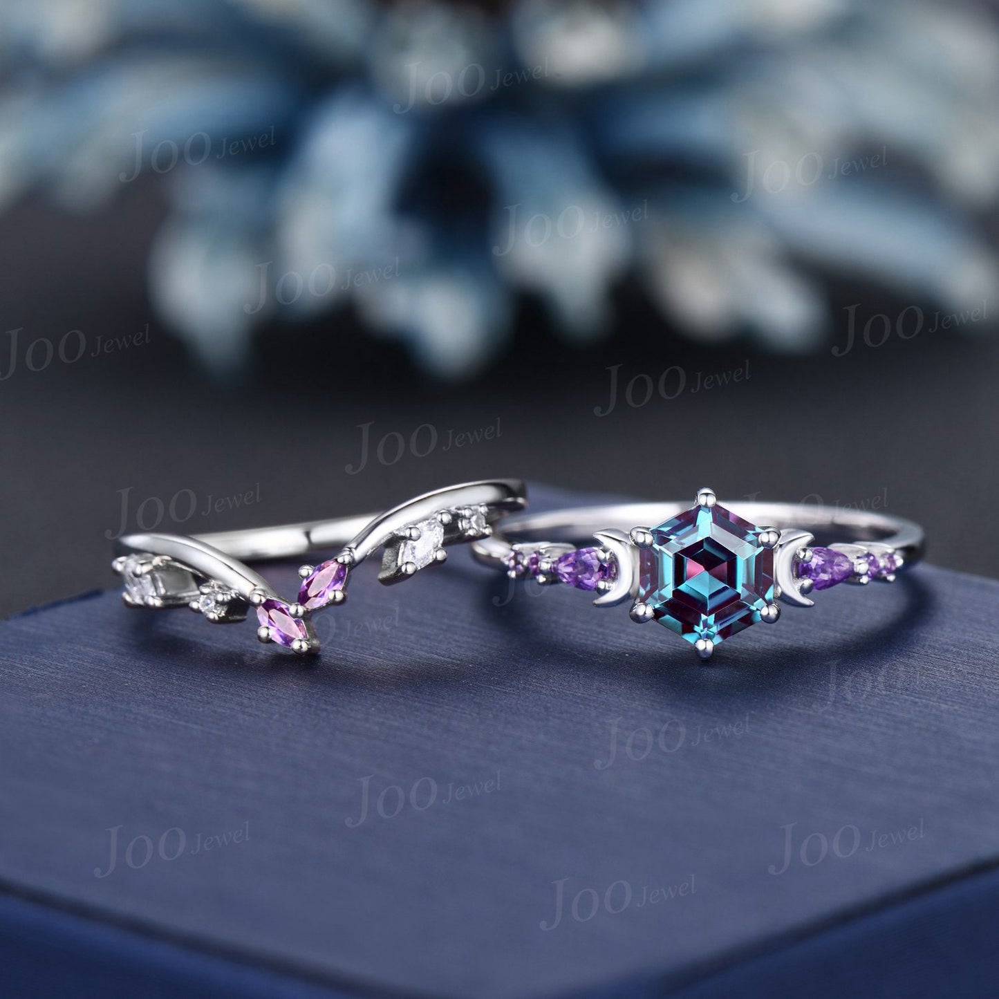 1ct Hexagon Cut Color-Change Alexandrite Amethyst Moon Engagement Ring Set 14K White Gold Branch Leaf Vine Amethyst Moissanite Wedding Ring