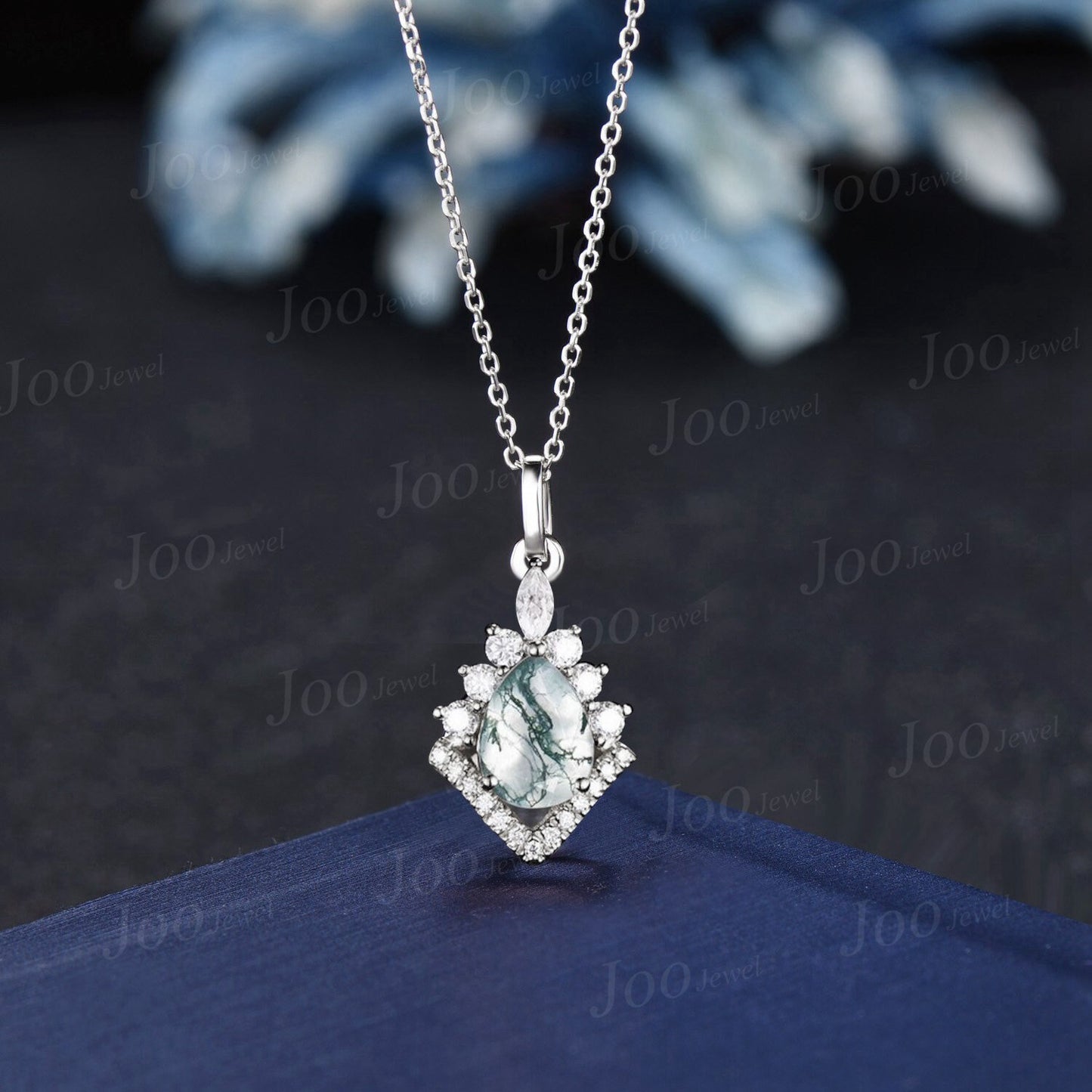 Teardrop Moss Agate Moissanite Necklace Silver/Solid 14k/18k Rose Gold Vintage Personalized Halo Gemstone Wedding Pendant Women Bridal Gift