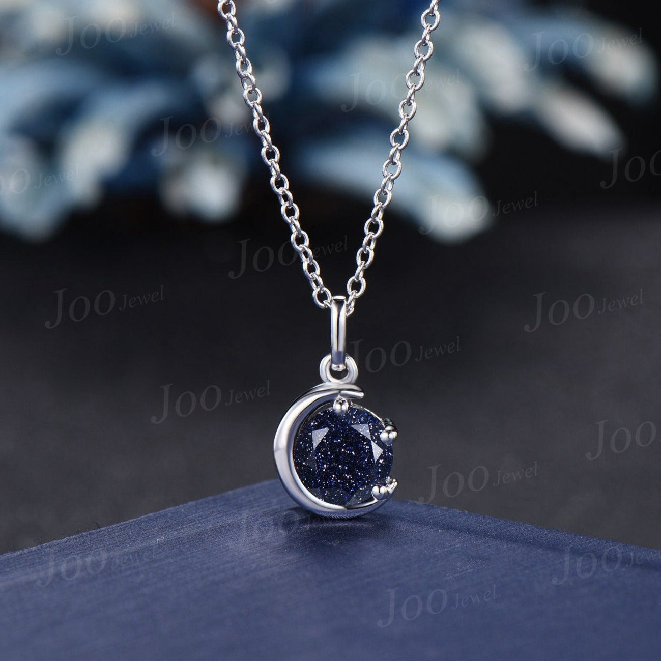 Dainty Round Blue Sandstone Pendant Necklace Silver/14K Yellow Gold Starry Sky Blue Goldstone Wedding Necklace Unique Cresecnt Moon Necklace