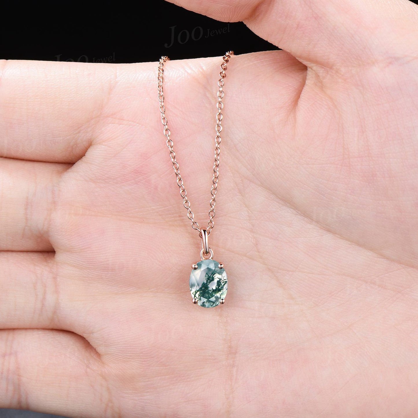 Oval Natural Moss Agate Necklace Solid 14k/18k Rose Gold Vintage Unique Personalized Wedding Pendant For Women Her Anniversary Bridal Gifts