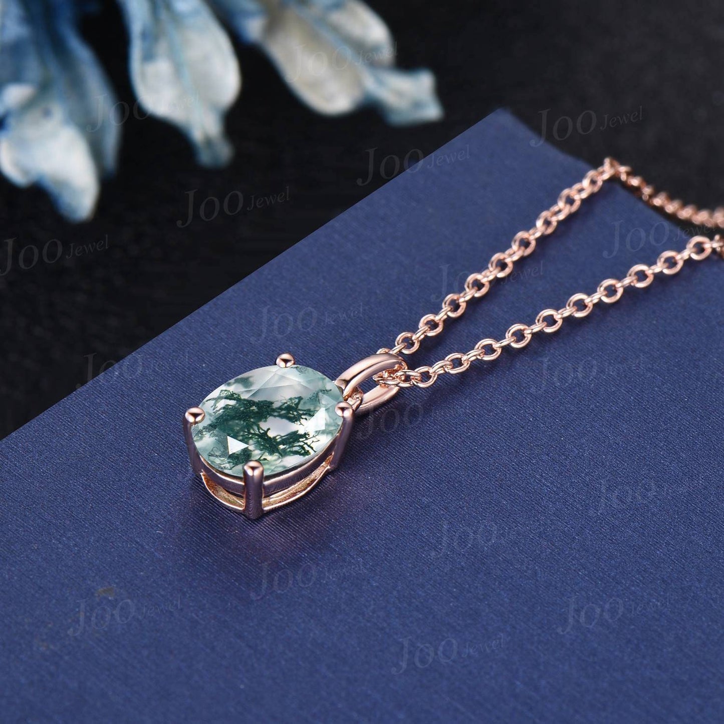 Oval Natural Moss Agate Necklace Solid 14k/18k Rose Gold Vintage Unique Personalized Wedding Pendant For Women Her Anniversary Bridal Gifts