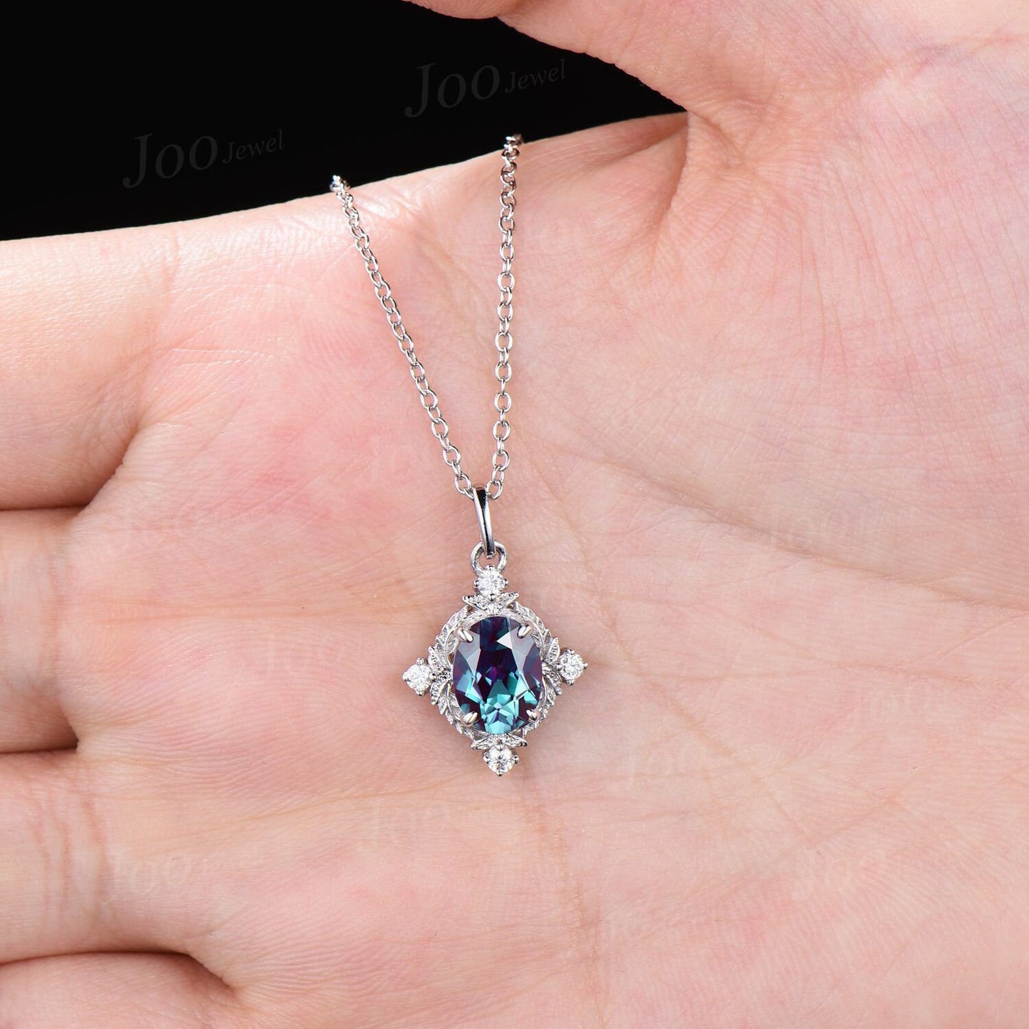 Nature Inspired Color-Change Alexandrite Pendant Necklace 14K Gold June Birthstone Necklace Leaf Halo Moissanite Sterling Silver Necklaces