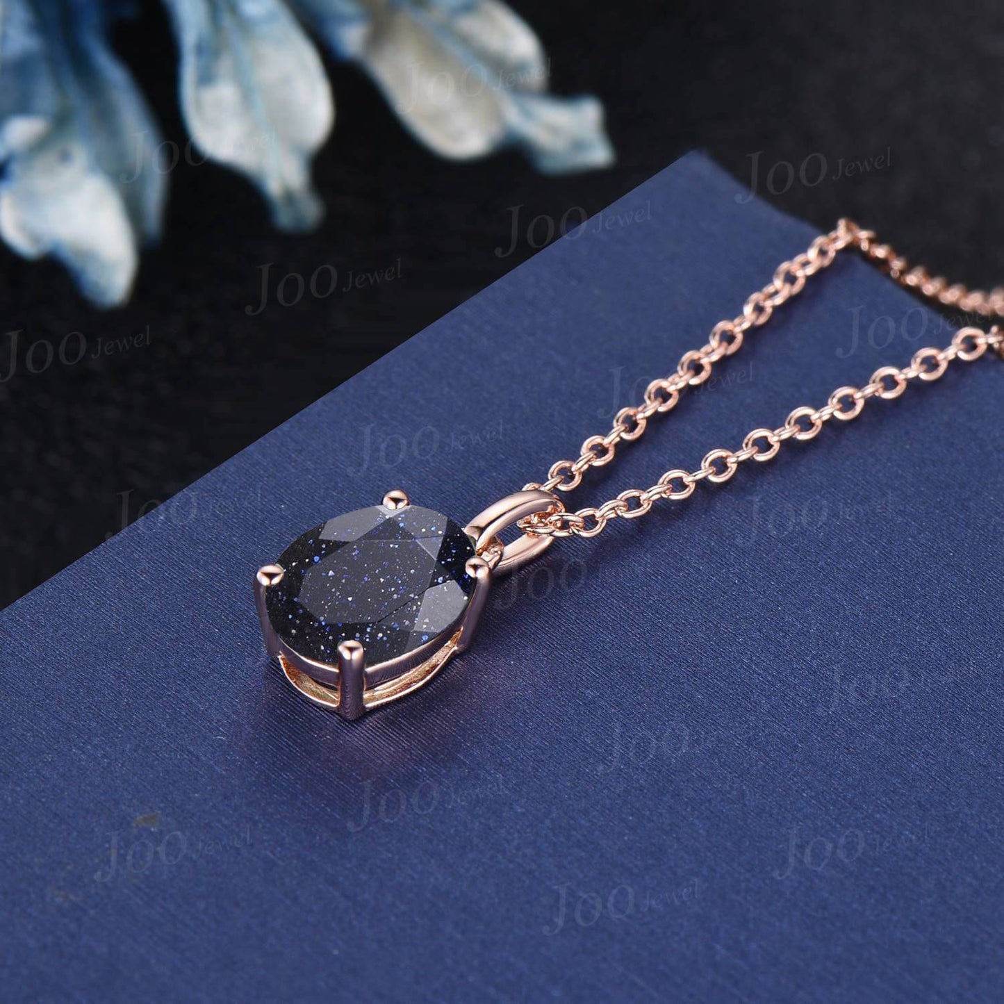 Galaxy Blue Sandstone Pendant Necklace Silver/14K Rose Gold Starry Sky Blue Goldstone Wedding Necklace Unique Dainty Oval Gemstone Necklace
