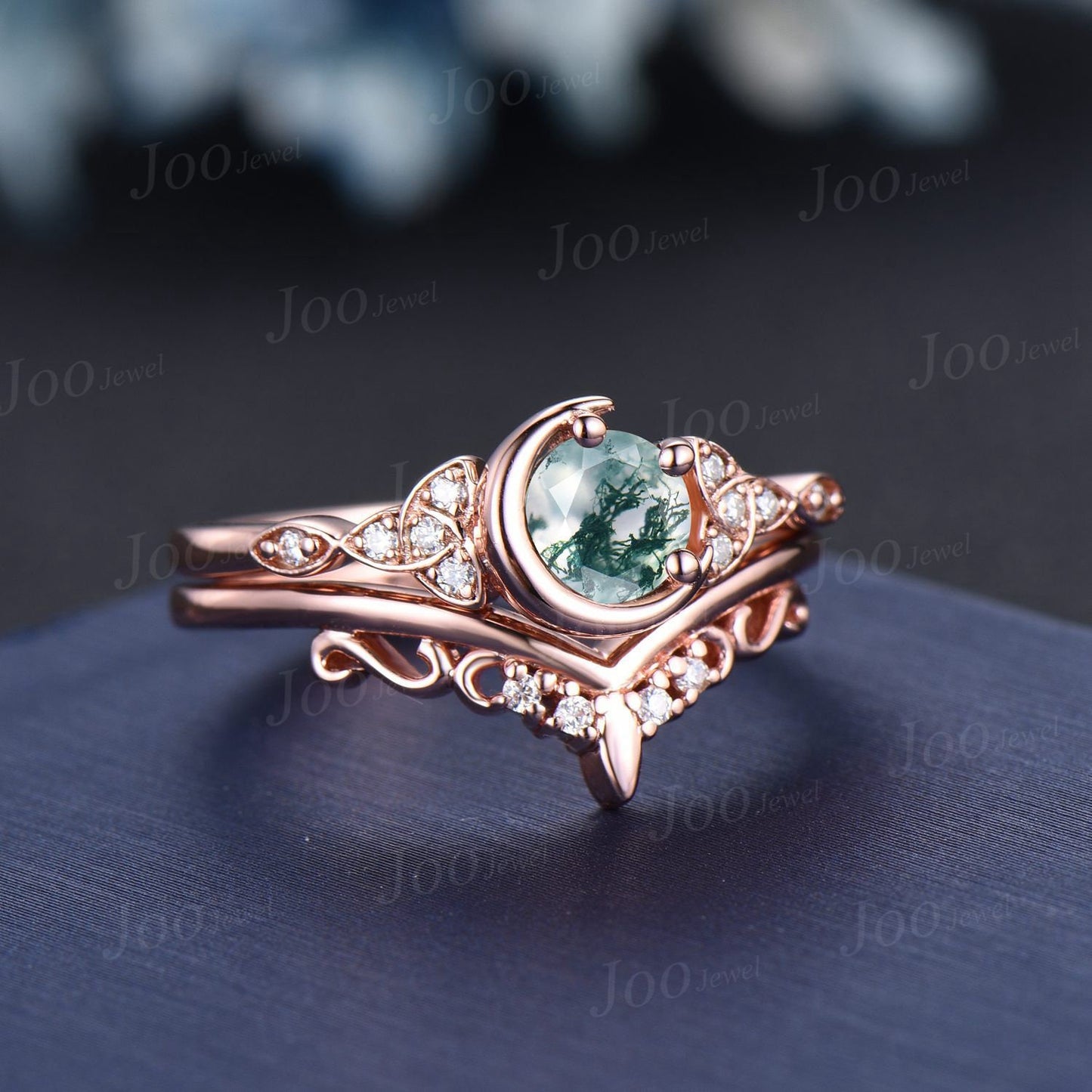 5mm Round Cut Natural Moss Agate Moon Wedding Ring Set Vintage Celtic Knot Trinity Band 10K Rose Gold Moissanite Aquatic Agate Bridal Ring