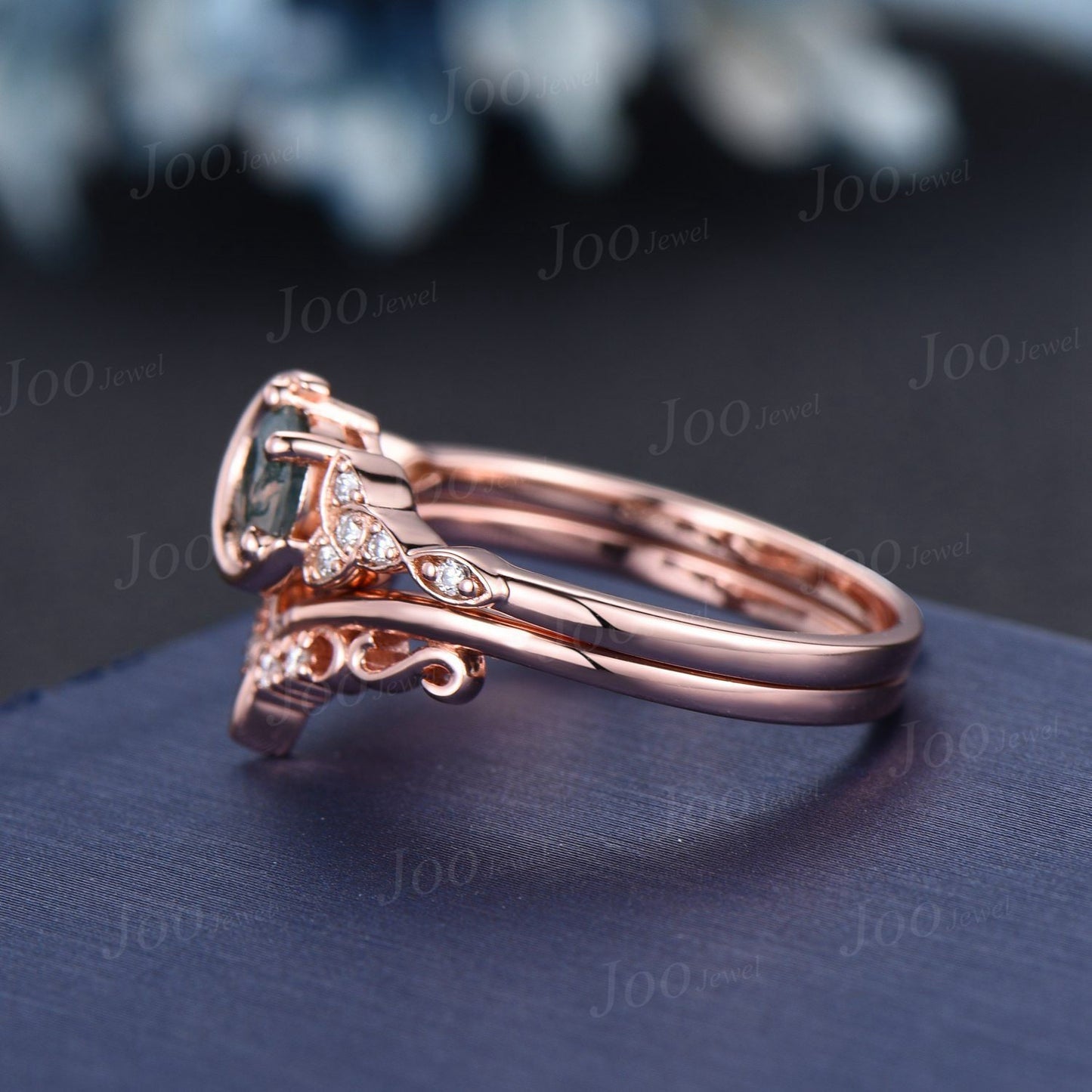 5mm Round Cut Natural Moss Agate Moon Wedding Ring Set Vintage Celtic Knot Trinity Band 10K Rose Gold Moissanite Aquatic Agate Bridal Ring