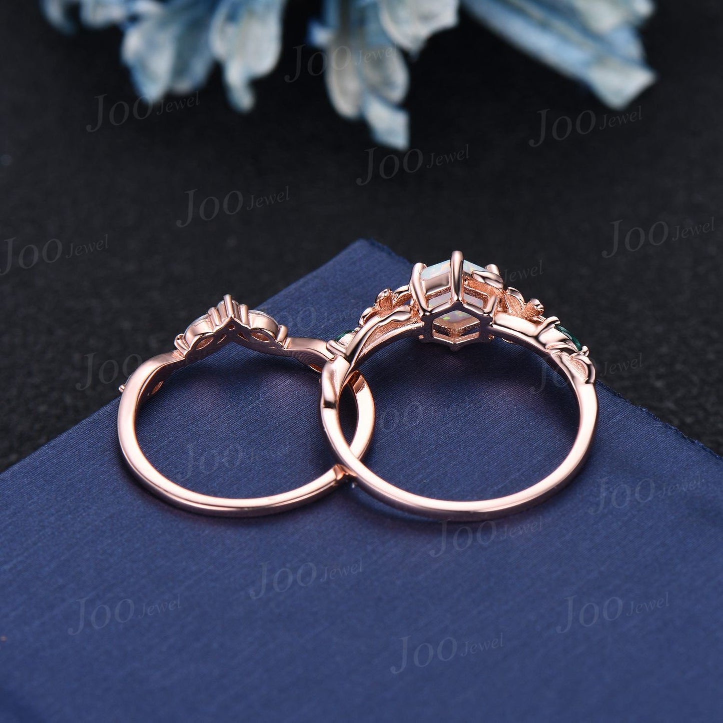 1ct Hexagon Flower Nature Inspired Color-Change Alexandrite Engagement Ring Set Rose Gold Amethyst Wedding Ring June Birthstone Jewelry Gift