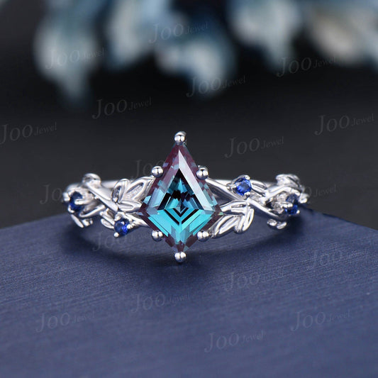 Nature Inspired Color-Change Alexandrite Ring Kite Cut Alexandrite Engagement Ring Leaf Vine Blue Sapphire Wedding Ring Unique Promise Gift