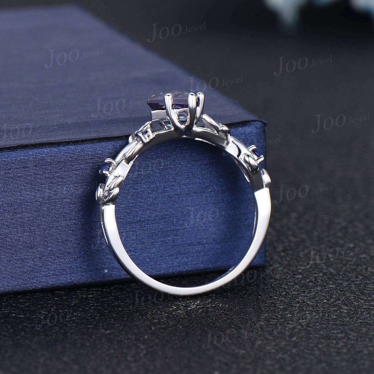 Nature Inspired Color-Change Alexandrite Ring Kite Cut Alexandrite Engagement Ring Leaf Vine Blue Sapphire Wedding Ring Unique Promise Gift