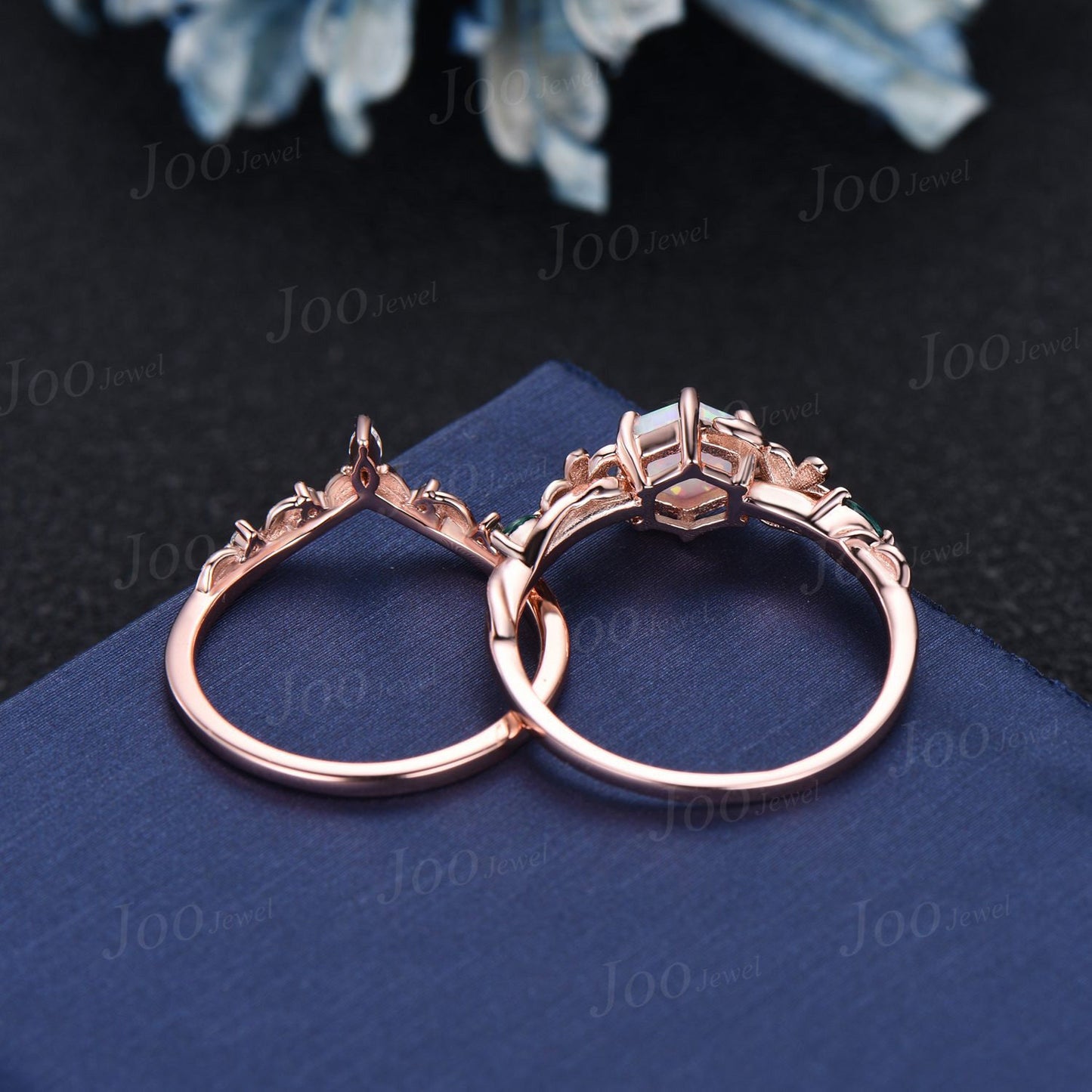 Nature Inspired Green Emerald Engagement Ring Set 1ct Hexagon Wedding Ring Set Floral Branch Green Emerald Promise Rings May Birthstone Gift