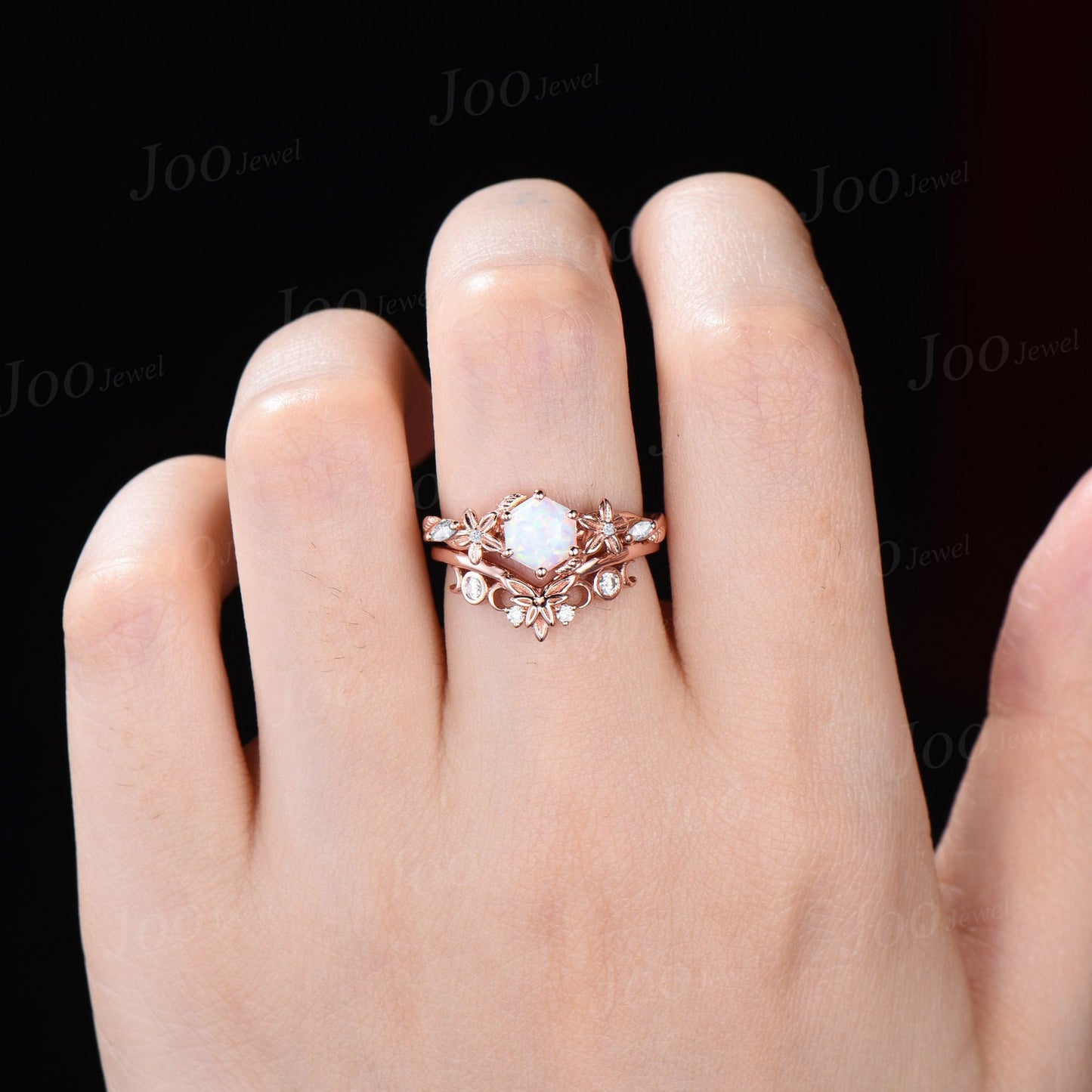 Nature Inspired White Opal Ring Set for Women 14k Rose Gold Branch Floral Moissanite Opal Engagement Ring October Birthstone Jewelry Gifts