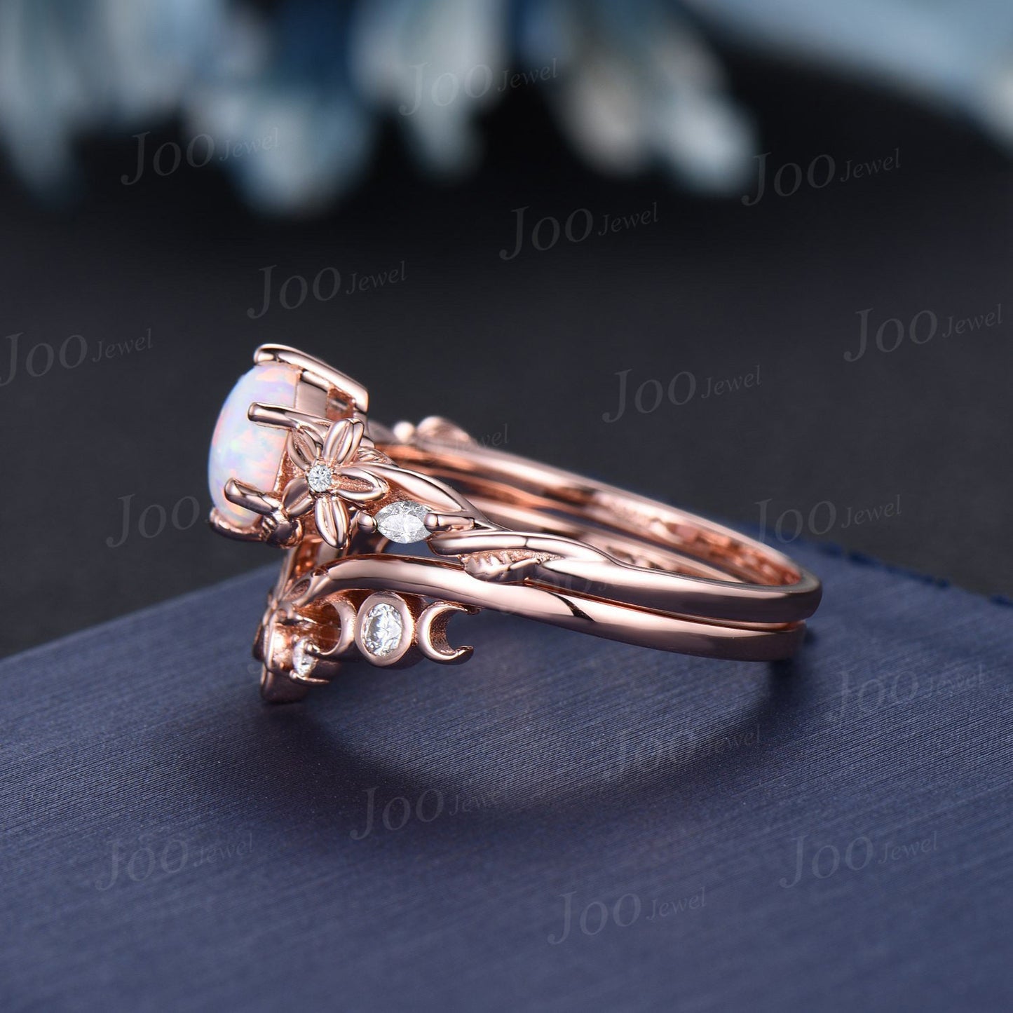Nature Inspired White Opal Ring Set for Women 14k Rose Gold Branch Floral Moissanite Opal Engagement Ring October Birthstone Jewelry Gifts