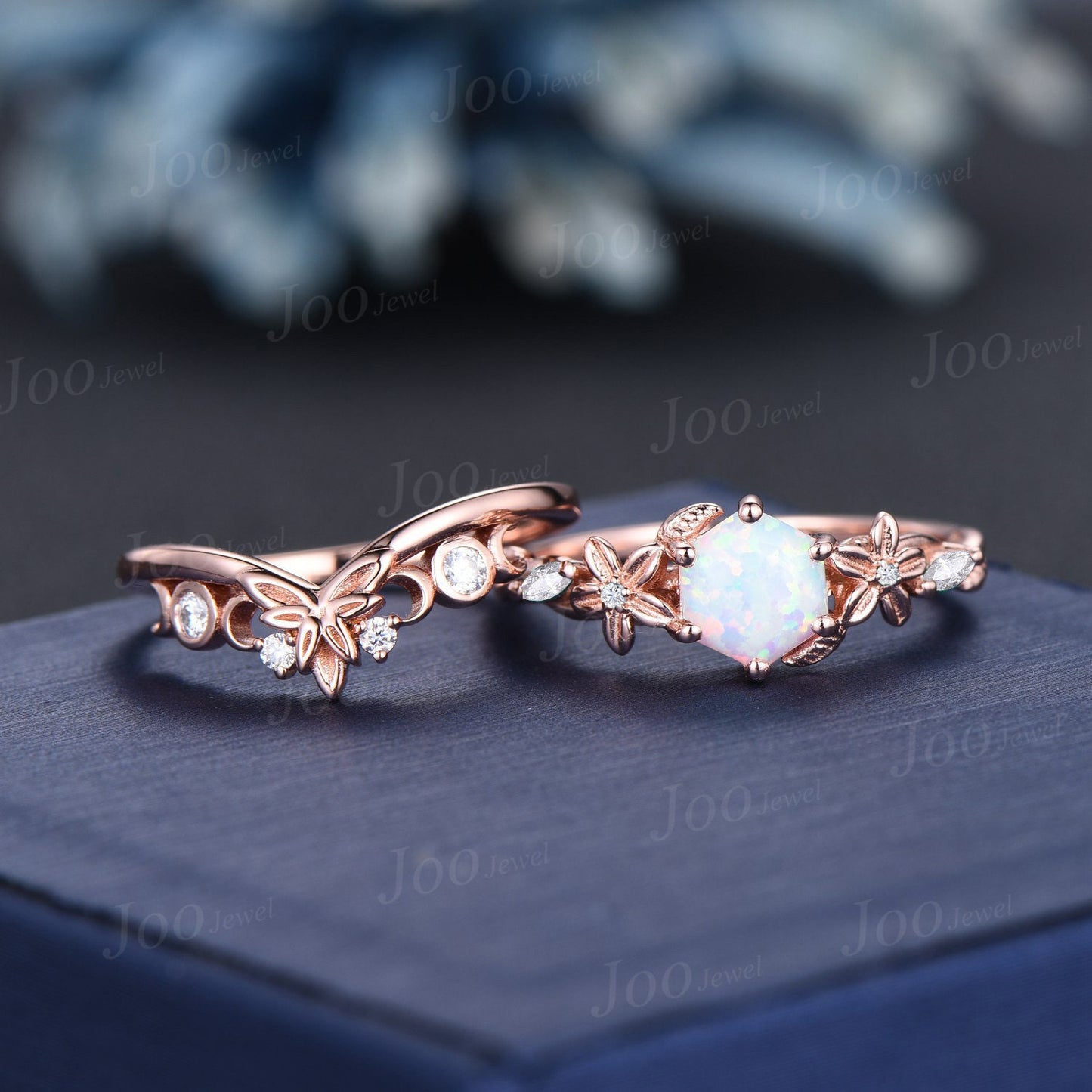 Nature Inspired White Opal Ring Set for Women 14k Rose Gold Branch Floral Moissanite Opal Engagement Ring October Birthstone Jewelry Gifts