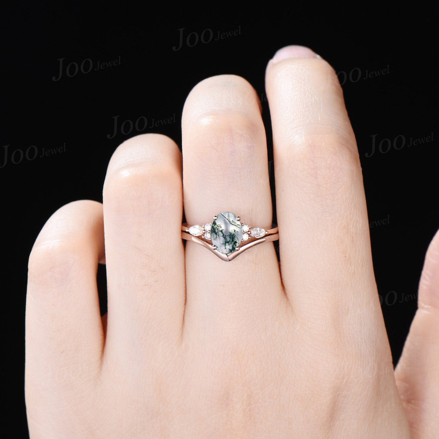 1.5ct Oval Natural Green Moss Agate Engagement Ring Set 14K Rose Gold Cluster Aquatic Agate Moissanite Promise Ring Woman Plain Wedding Band