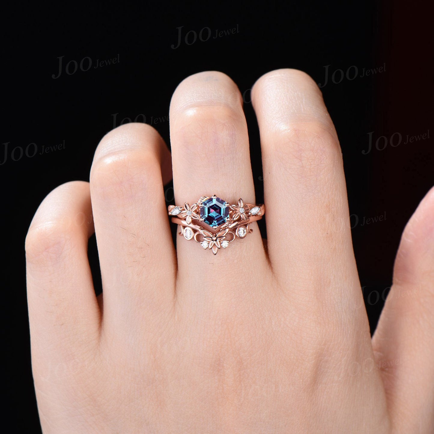 1ct Nature Inspired Flower Color-Change Alexandrite Engagement Ring Set 14K Rose Gold Moissanite Wedding Ring June Birthstone Jewelry Gifts