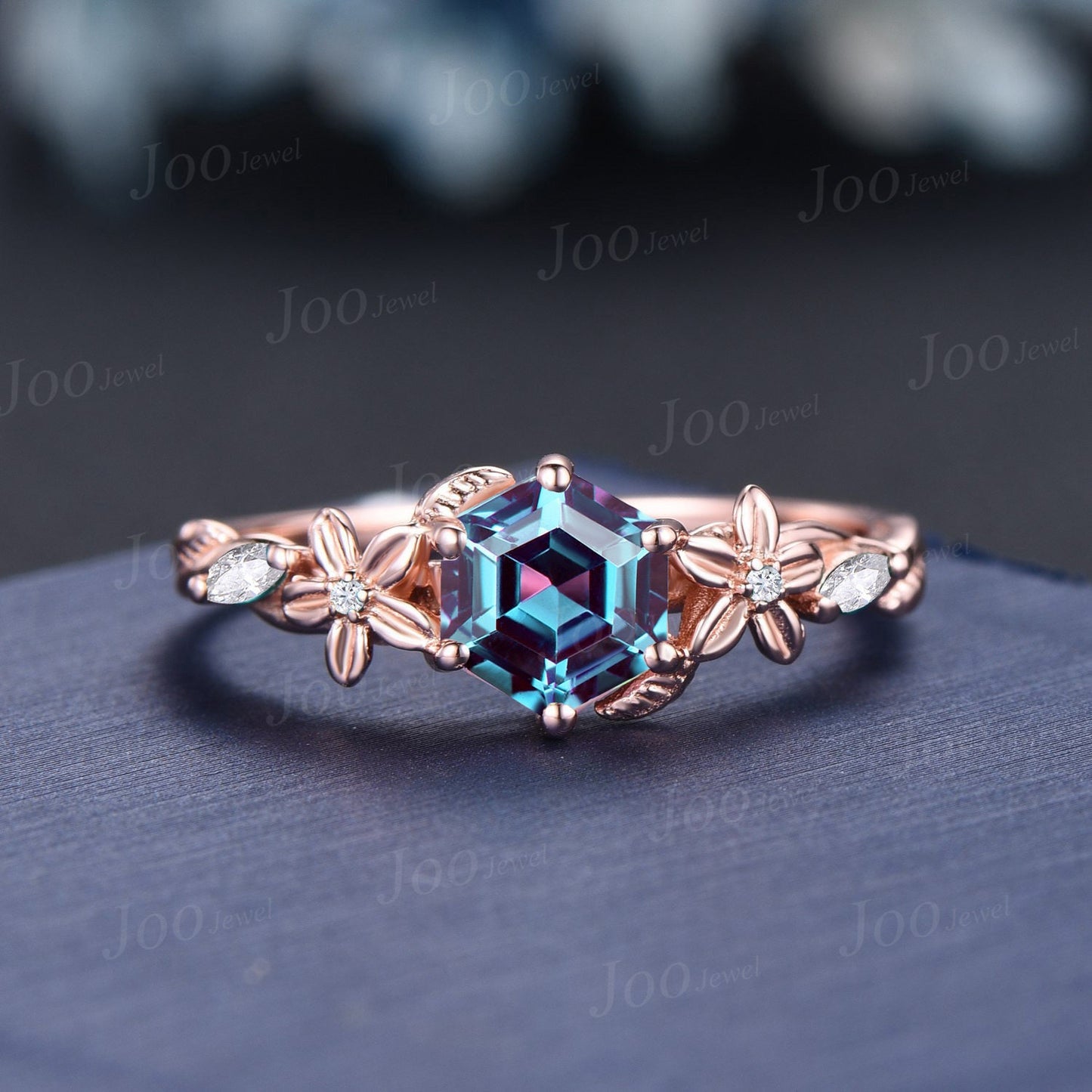 1ct Nature Inspired Flower Color-Change Alexandrite Engagement Ring Set 14K Rose Gold Moissanite Wedding Ring June Birthstone Jewelry Gifts