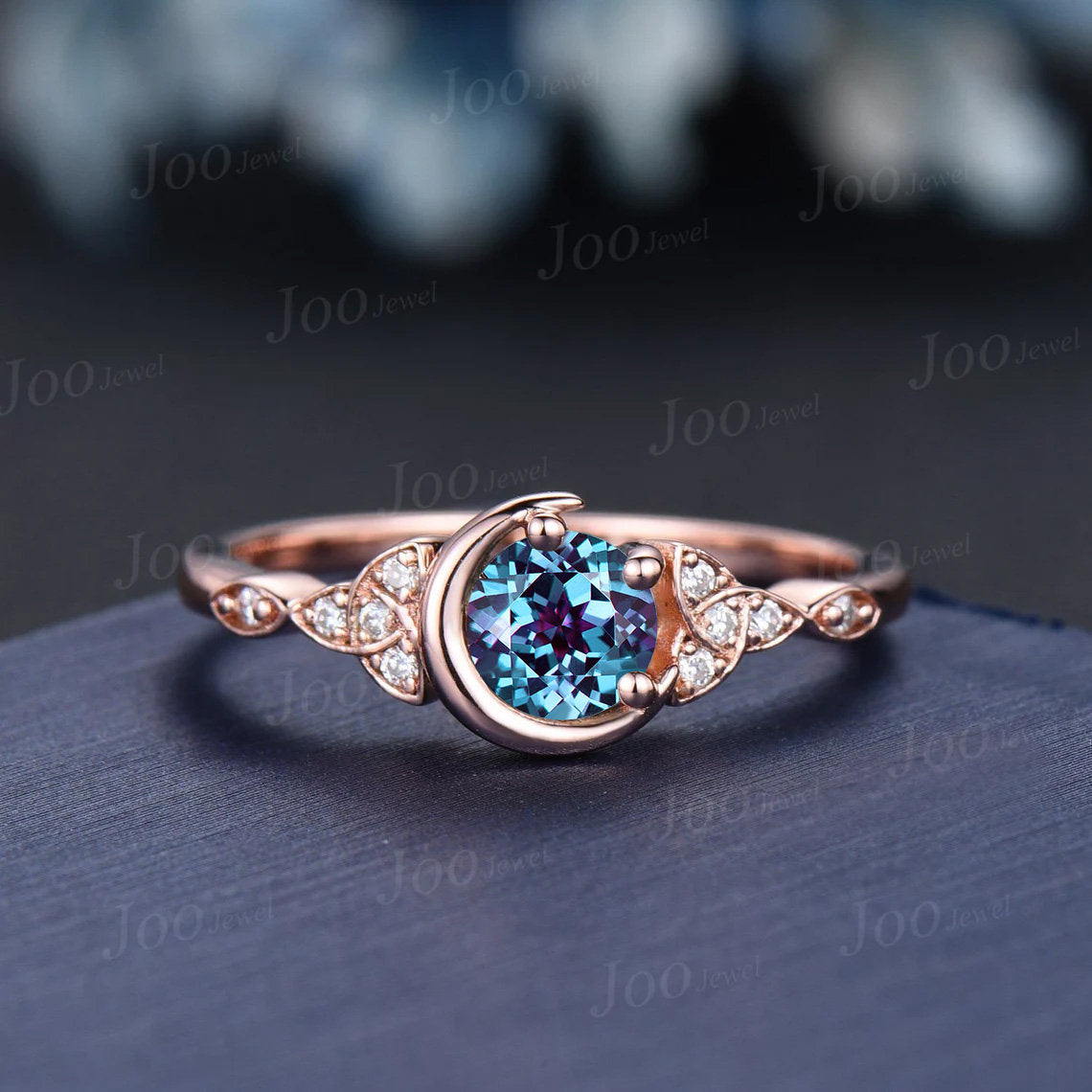 5mm Round Color-Change Alexandrite Celestial Moon Wedding Ring Moissanite Celtic Knot Trinity Band 10K Rose Gold June Birthstone Bridal Ring