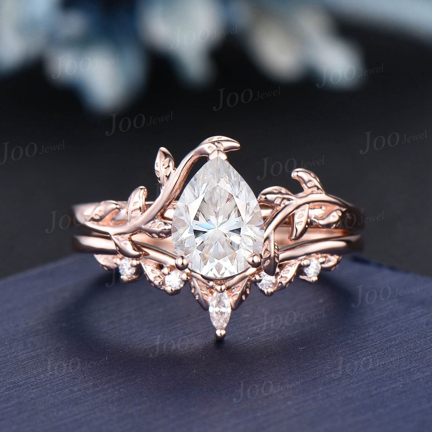 1.25ct Pear Moissanite Ring Set Nature Inspired Diamond Engagement Ring Rose Gold Leaf Vine Branch Solitaire Ring Wedding Anniversary Gifts