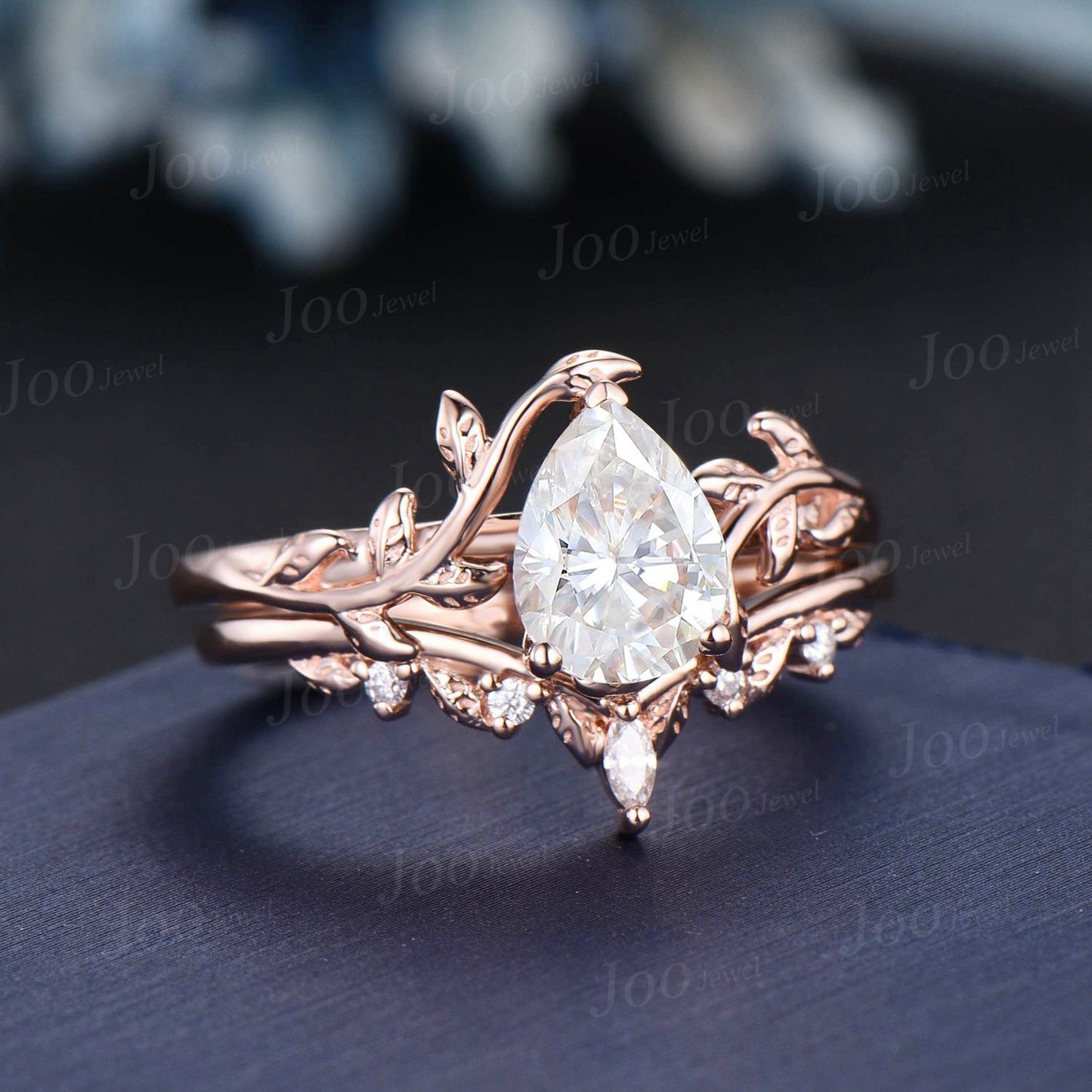 1.25ct Pear Moissanite Ring Set Nature Inspired Diamond Engagement Ring Rose Gold Leaf Vine Branch Solitaire Ring Wedding Anniversary Gifts
