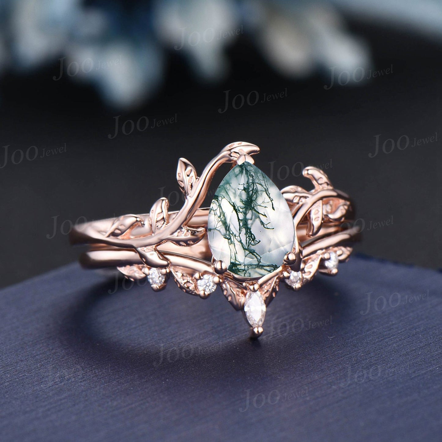 1.25ct Pear Natural Moss Agate Diamond Bridal Ring Set 14K Rose Gold Vintage Branch Solitaire Ring Leaf Nature Wedding Ring Anniversary Gift