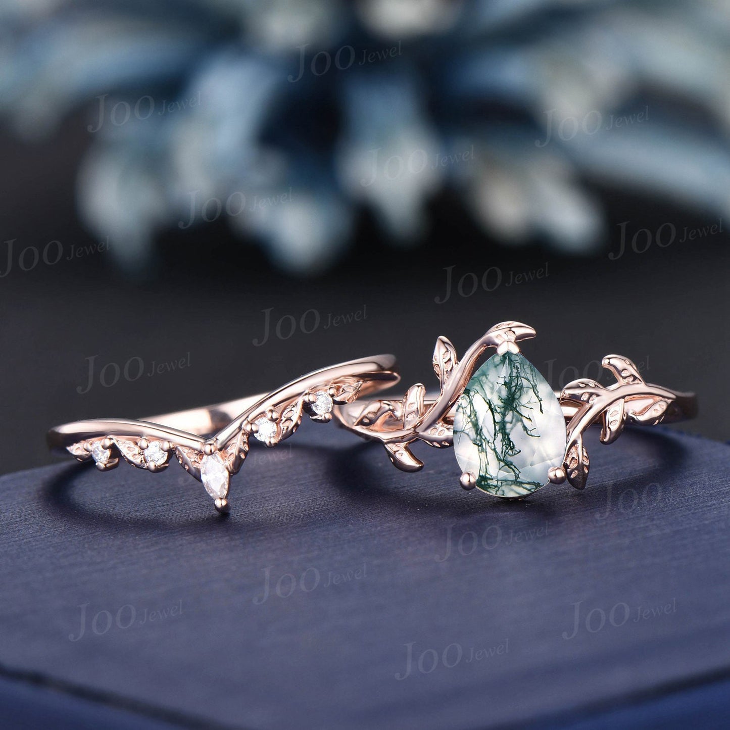 1.25ct Pear Natural Moss Agate Diamond Bridal Ring Set 14K Rose Gold Vintage Branch Solitaire Ring Leaf Nature Wedding Ring Anniversary Gift