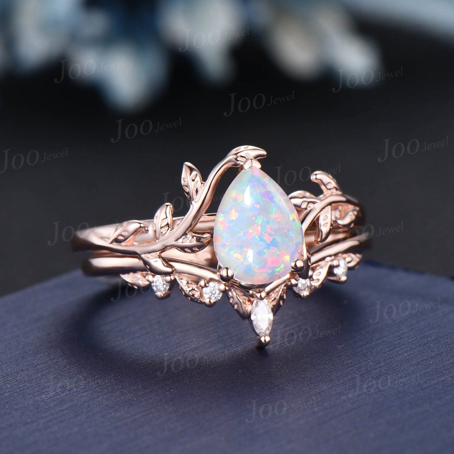 1.25ct Pear Fire Opal Engagement Ring Set Vintage 10K Rose Gold Nature Inspired Opal Diamond Wedding Ring October Birthstone Birthday Gifts