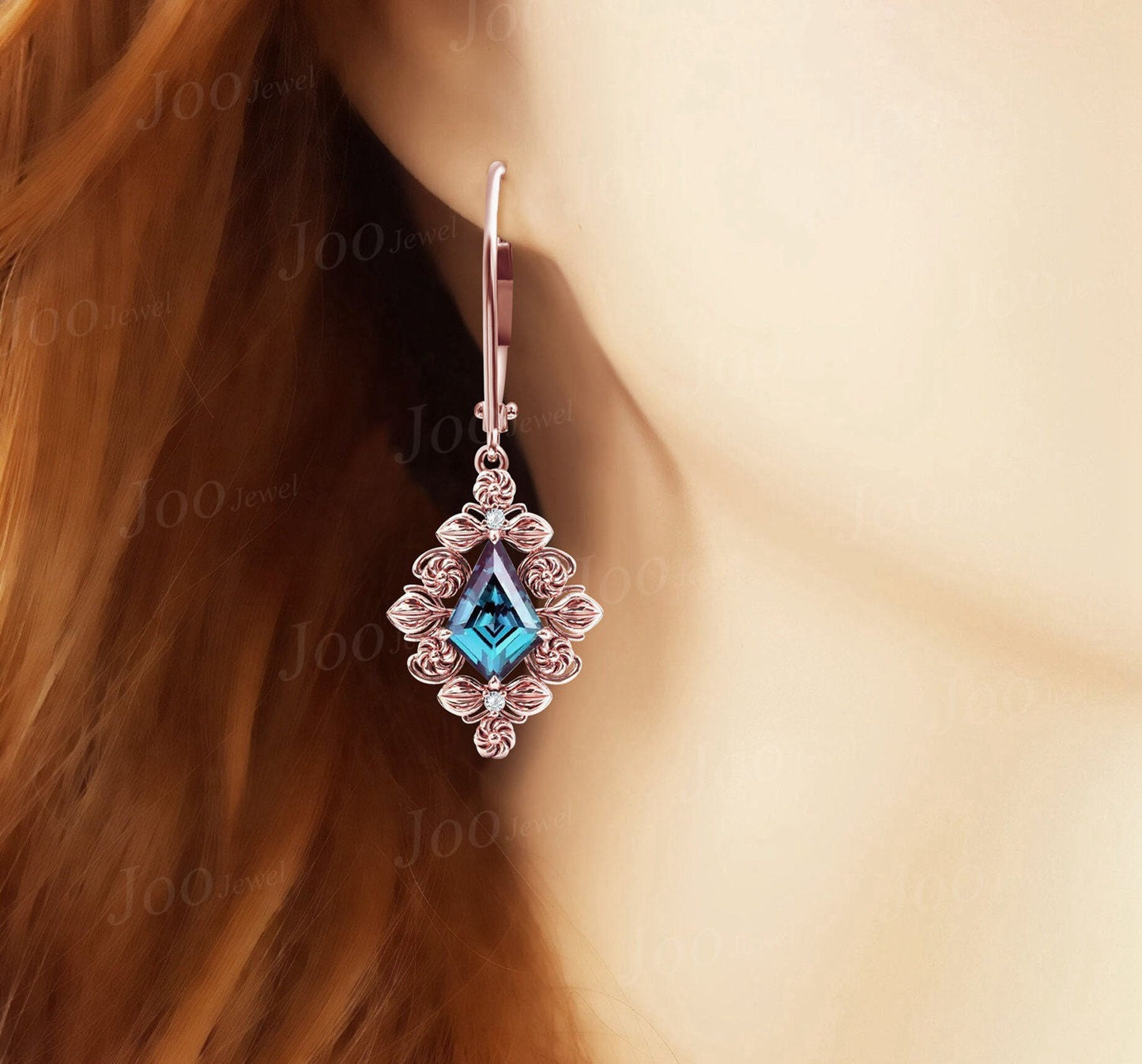Nature Inspired Floral Color-Change Alexandrite Drop Earrings 14K Rose Gold Kite Alexandrite Dangle Earrings Vintage Filigree Leaf Earrings