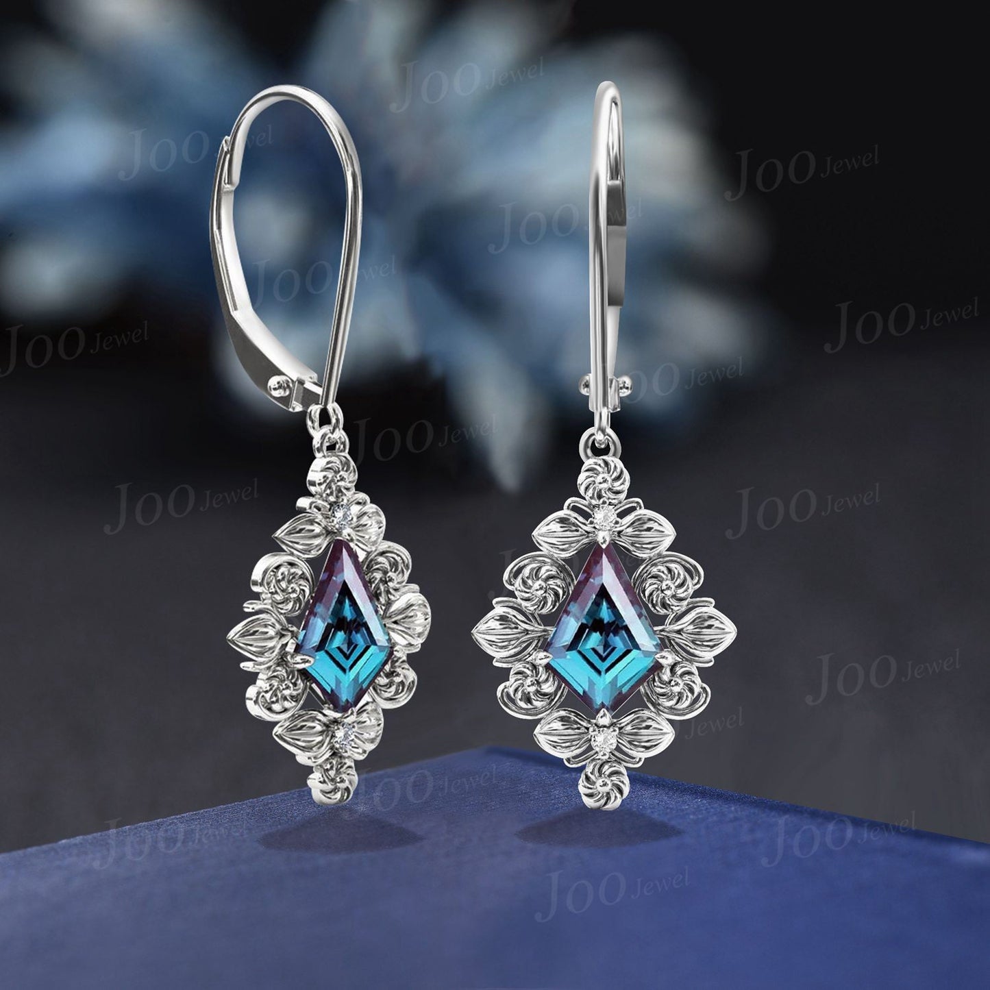 Nature Inspired Floral Color-Change Alexandrite Drop Earrings 14K Rose Gold Kite Alexandrite Dangle Earrings Vintage Filigree Leaf Earrings