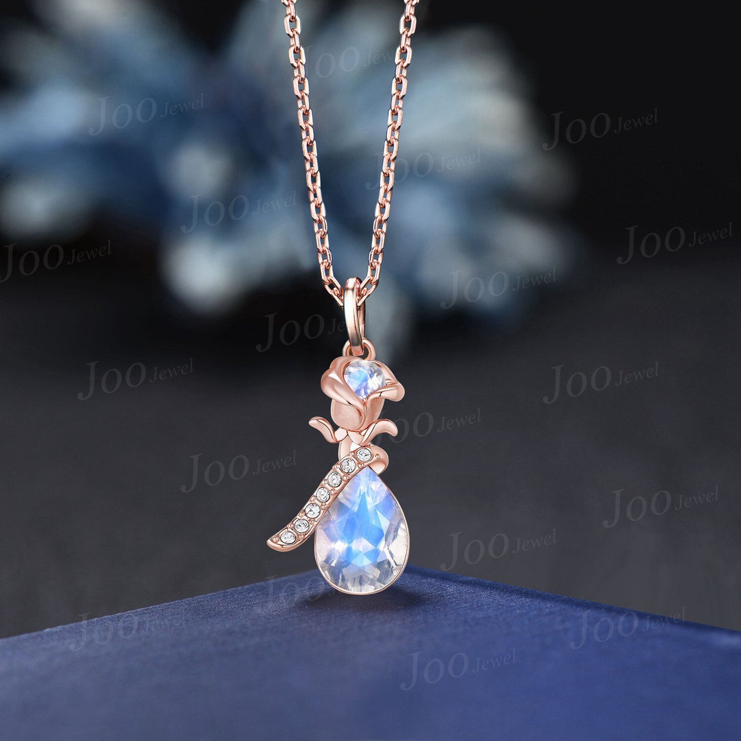 Rose Flower Natural Teardrop Moonstone Wedding Pendant Necklace June Birthstone Bridal Drop Necklaces 14K Rose Gold Nature Inspired Jewelry