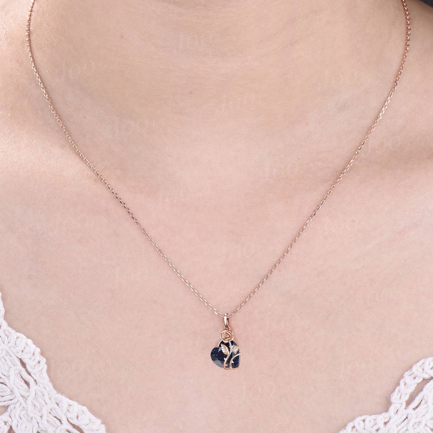 Rose Flower Galaxy Blue Sandstone Wedding Pendant Necklace Heart Shape Bridal Drop Necklaces 14K Rose Gold Nature Inspired Floral Jewelry